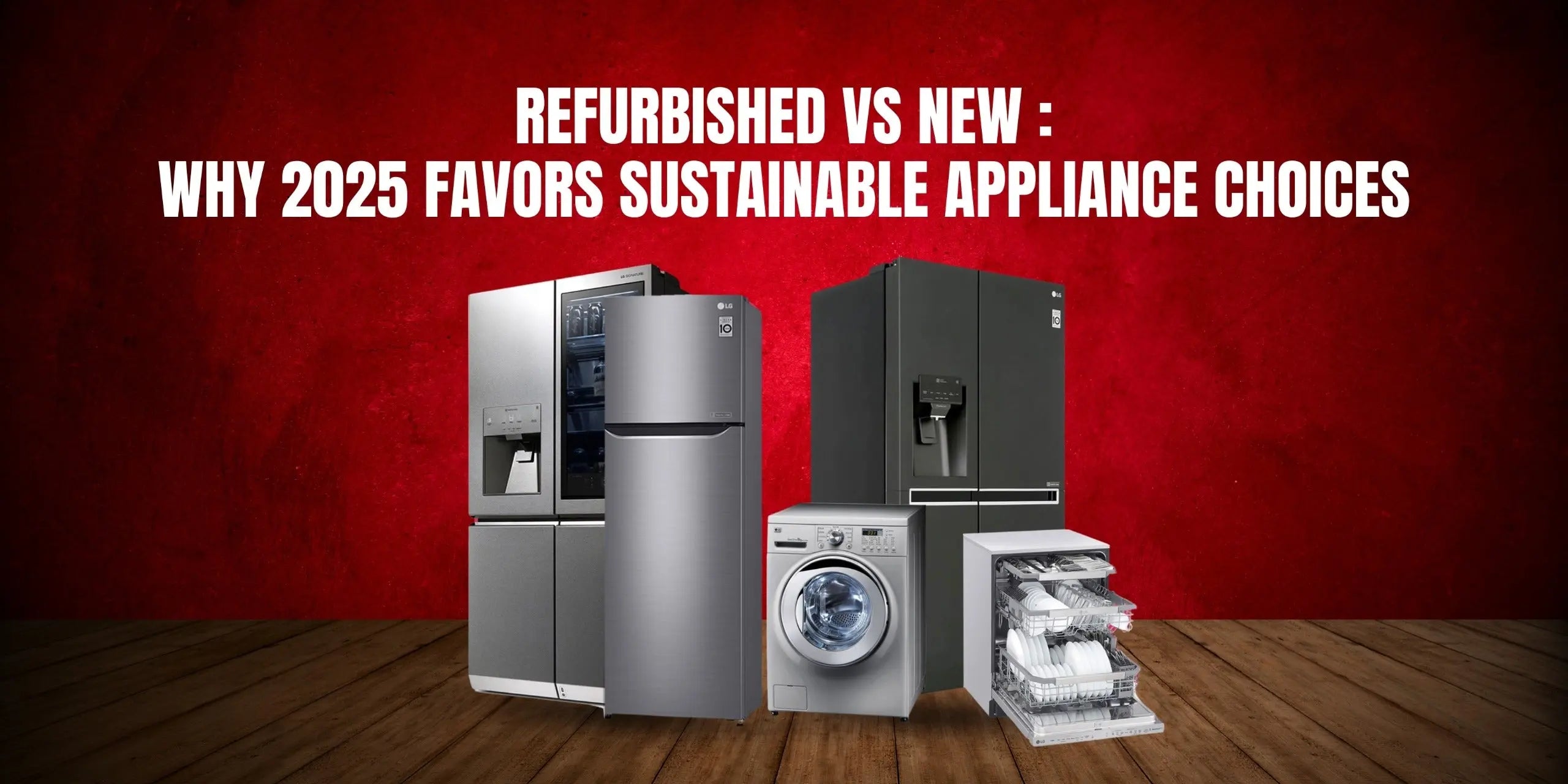 Image with the text 'REFURBISHED VS NEW: WHY 2025 FAVORS SUSTAINABLE APPLIANCE CHOICES' on a red background