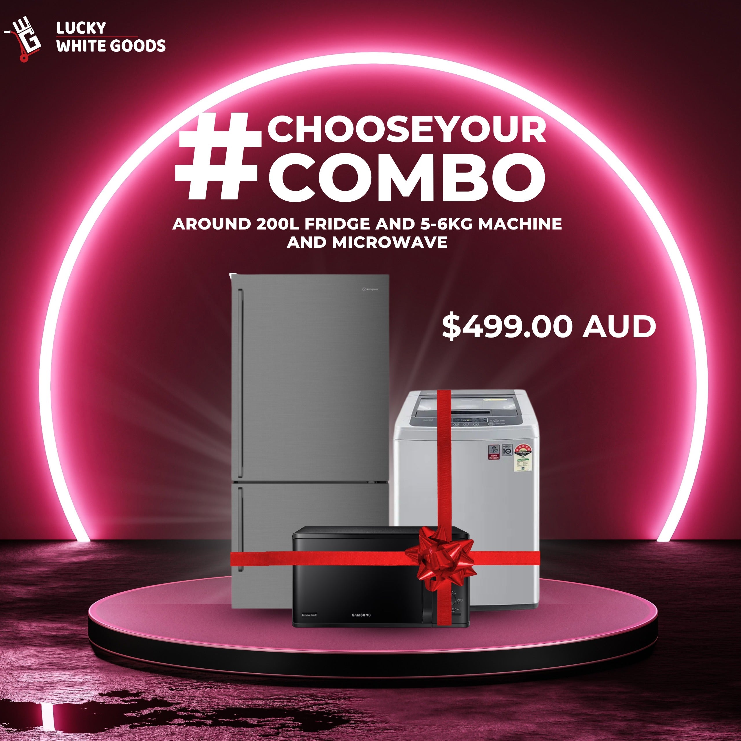 200L-Fridge-Freezer-5-6kg-Washing-Machine-Microwave-Combo-Only-499 | Lucky white goods