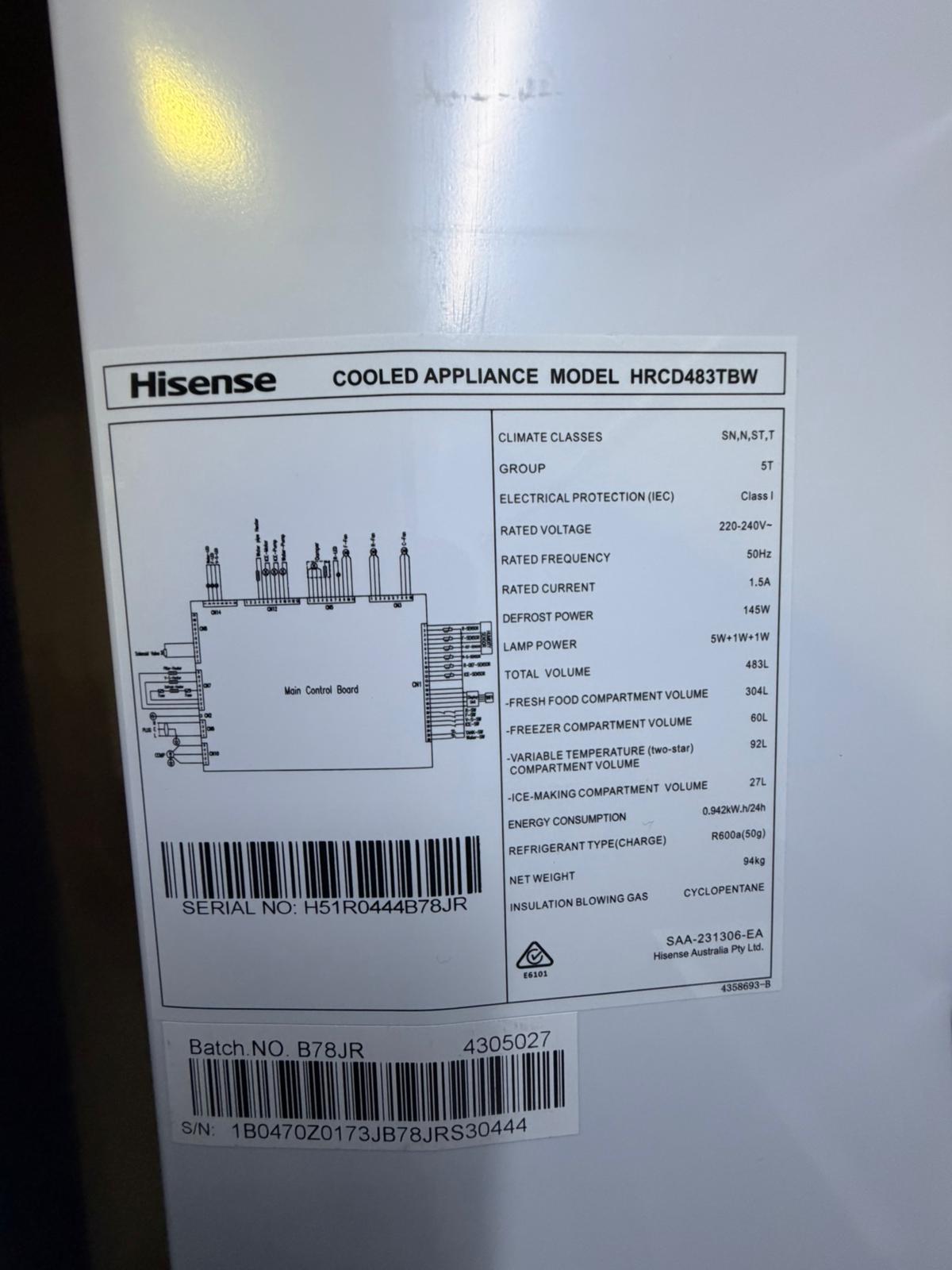 Hisense Quad Door Refrigerator HRCD483TBW 483L – Like New