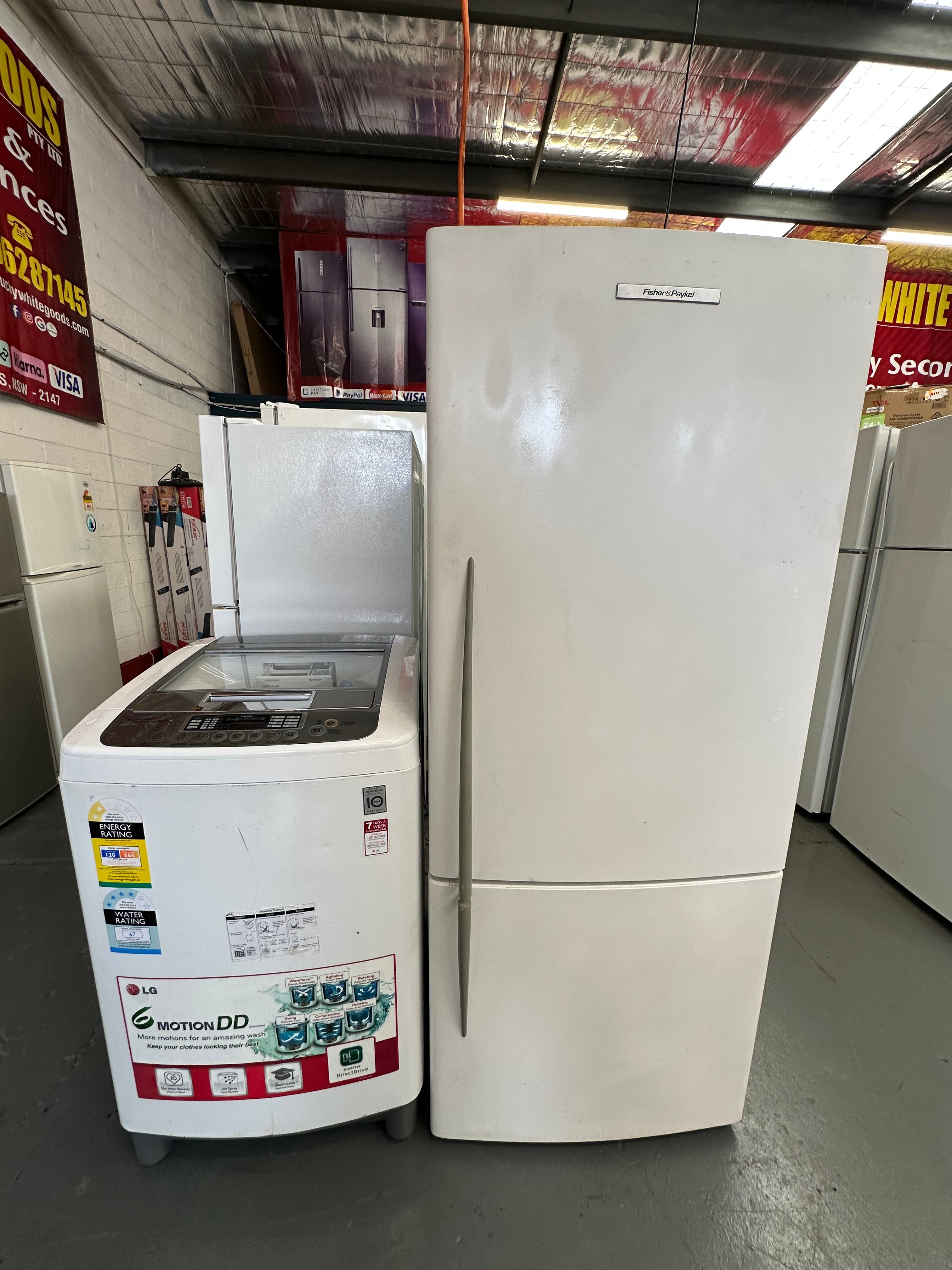 Refurbished combo Fisher & Paykel 440 ltr fridge freezer and Lg 6.5 kg top loader washer | SYDNEY