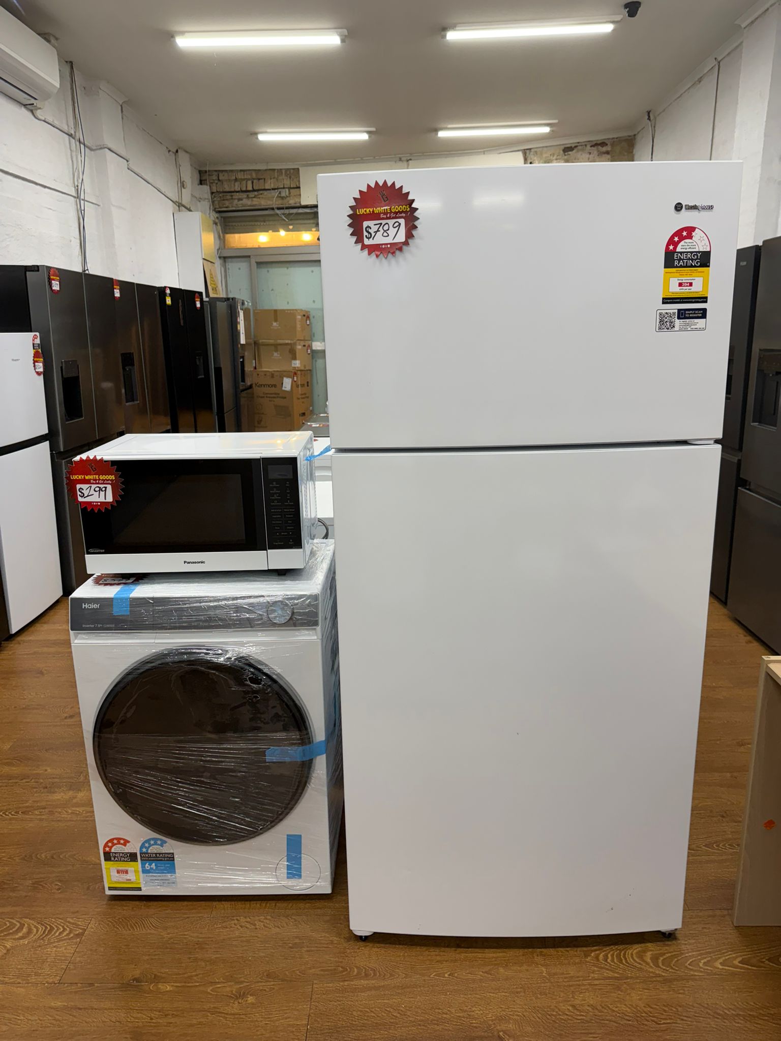 Westinghouse 503L Fridge + Haier 7.5kg Front Load Washer + Panasonic Microwave Oven Combo – Factory Seconds | RESERVOIR