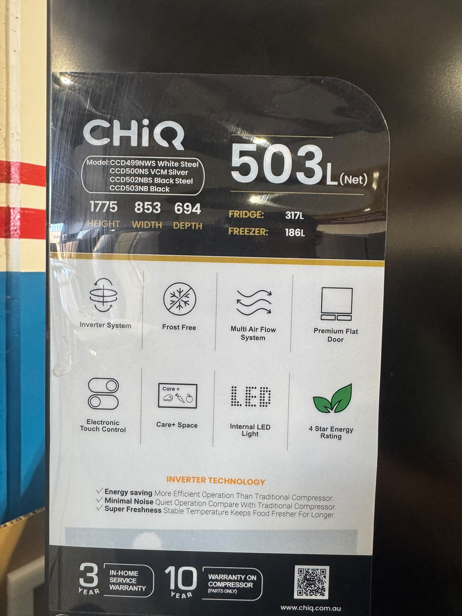 Factory Seconds CHiQ 503L Quad Door Fridge Freezer – Black Steel Finish | PERTH