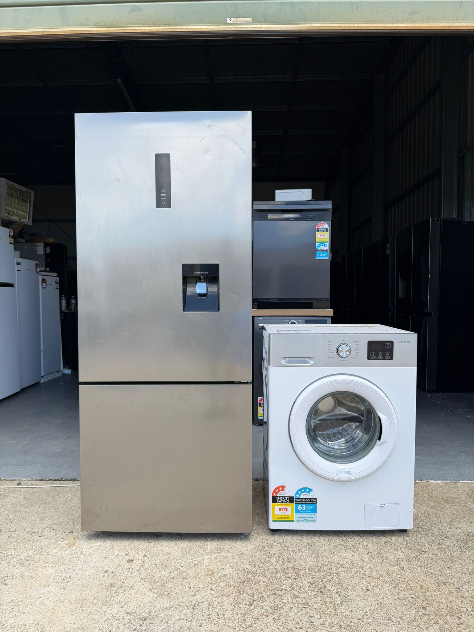 Refurbished Kogan 412L Bottom Mount Fridge with Water Dispenser + Stirling 8kg Front Load Washing Machine Combo | BRISBANE