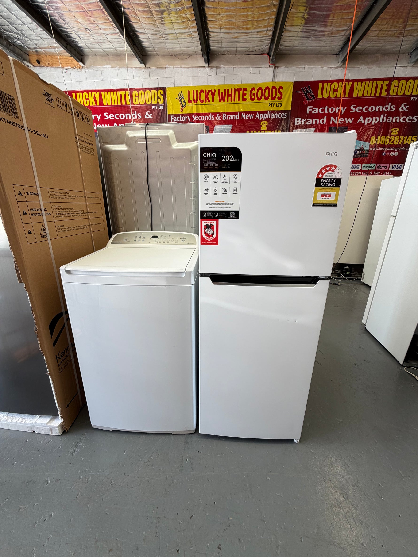 Refurbished Combo Chiq 202 ltr Top mount fridge freezer & Fisher and Paykel 8 kg Top loader washer