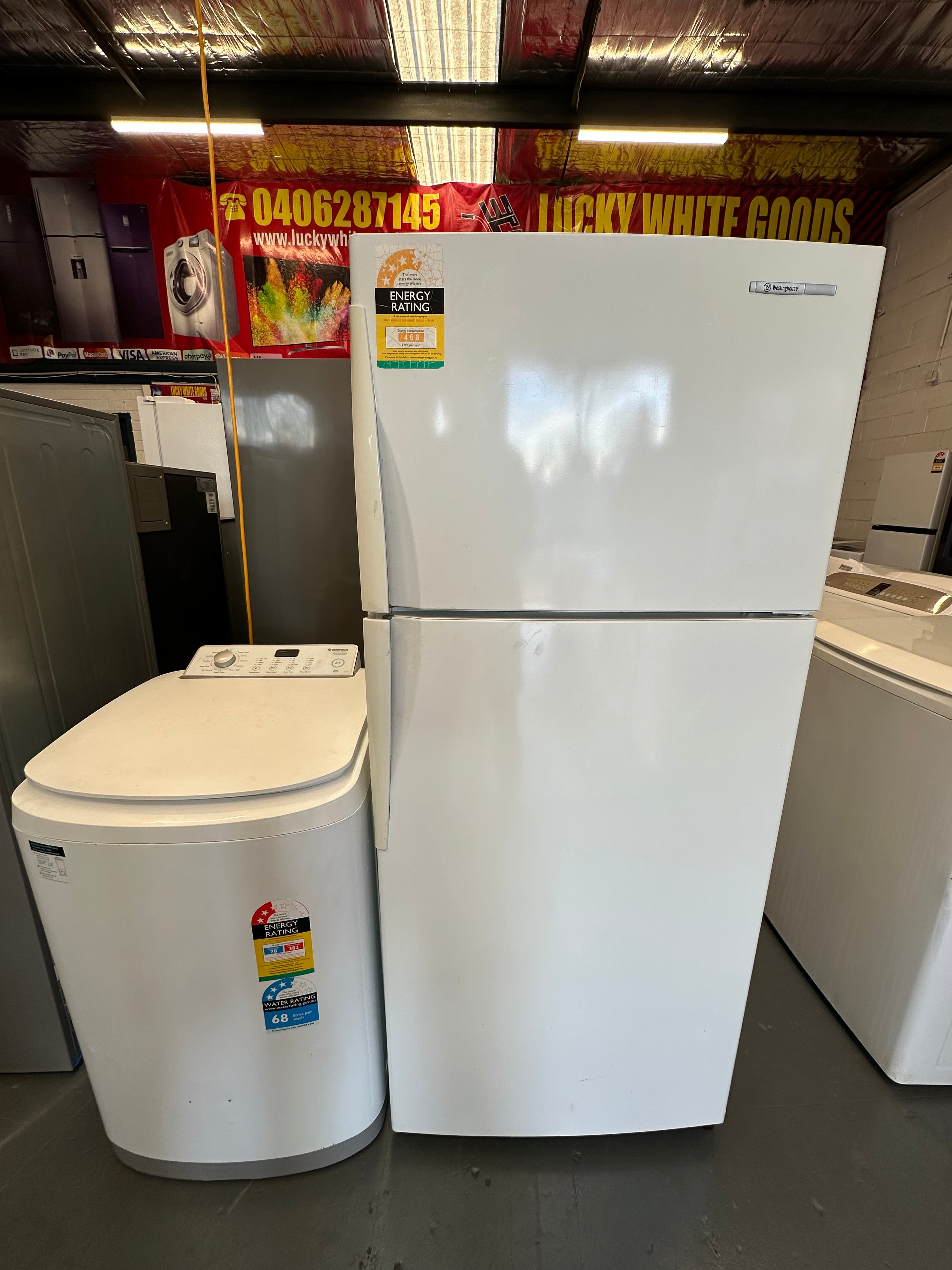 Refurbished Westinghouse 420 ltr fridge freezer & Simpson 5.5 kg top loader washer | Lucky white goods