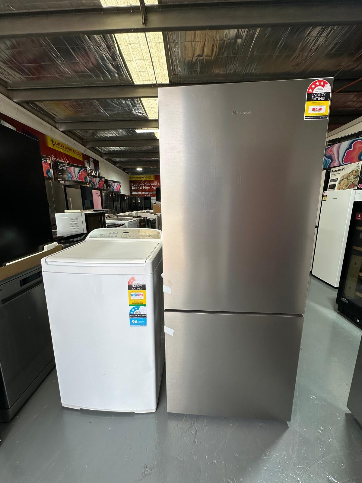 Factory Seconds Hisense 417L PureFlat Bottom Mount Refrigerator Silver HRBM418S and Refurbished Fisher&Paykel 7kg Washing Machine | SYDNEY