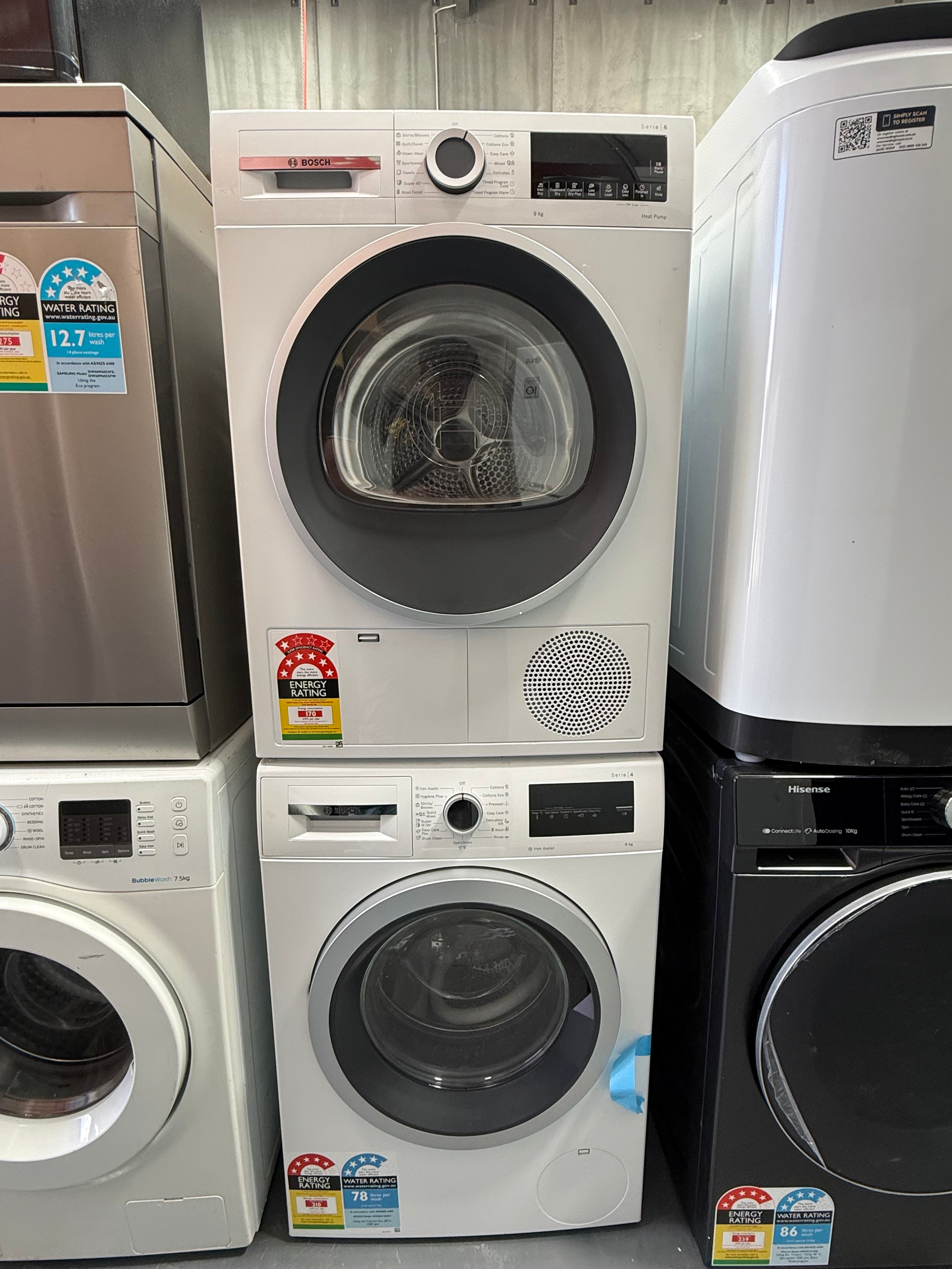 Bosch Series 4 9kg Front Load Washing Machine + 9kg Heat Pump Dryer – Factory Seconds | WAN24126AU + WQG24200AU