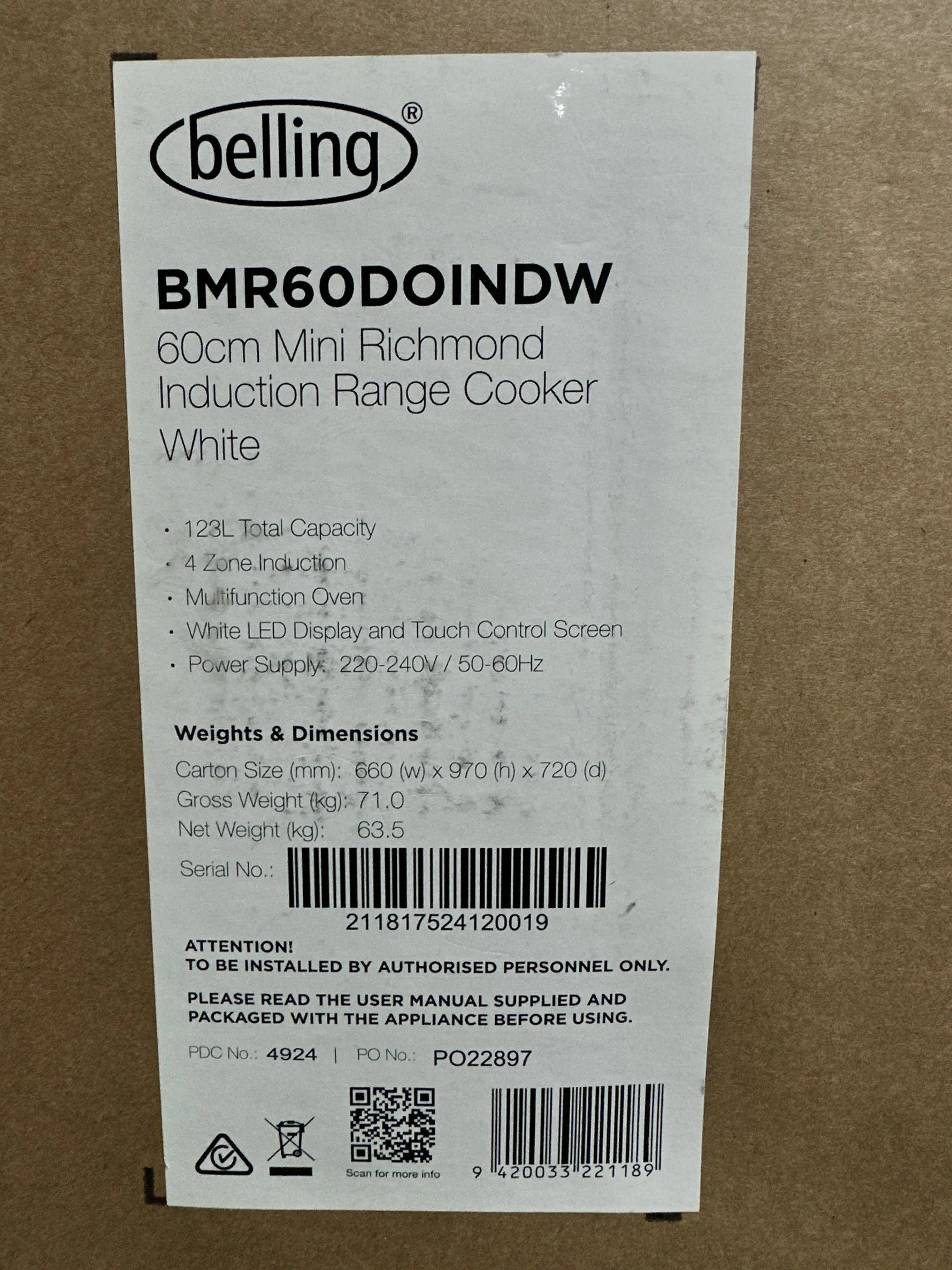 Belling 60cm Mini Richmond Induction Range Cooker – White – Carton Damaged | ADELAIDE