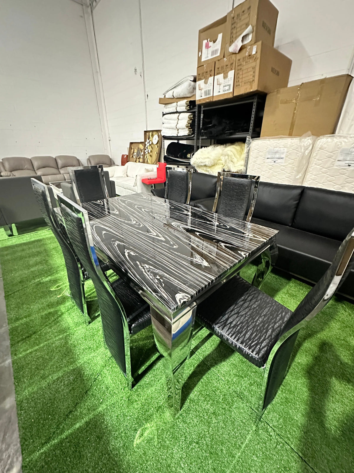 Black & White Loop Marble Dining Table Set – 6 Seater – Brand New | ADELAIDE