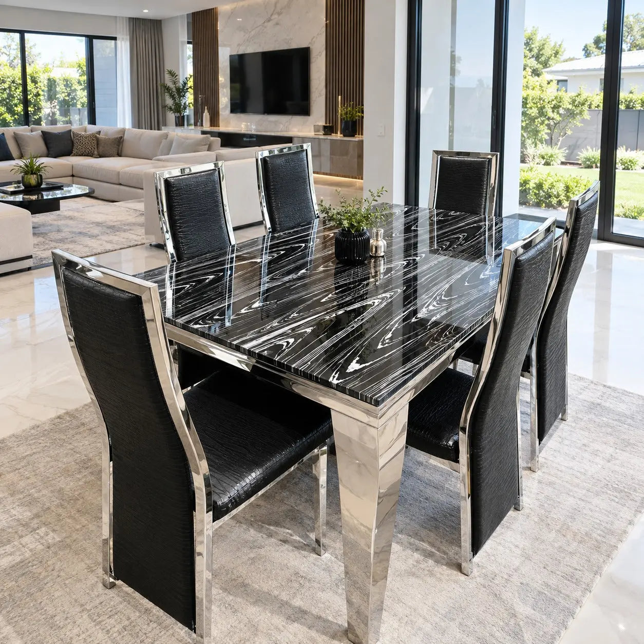 Black & White Loop Marble Dining Table Set – 6 Seater – Brand New | ADELAIDE