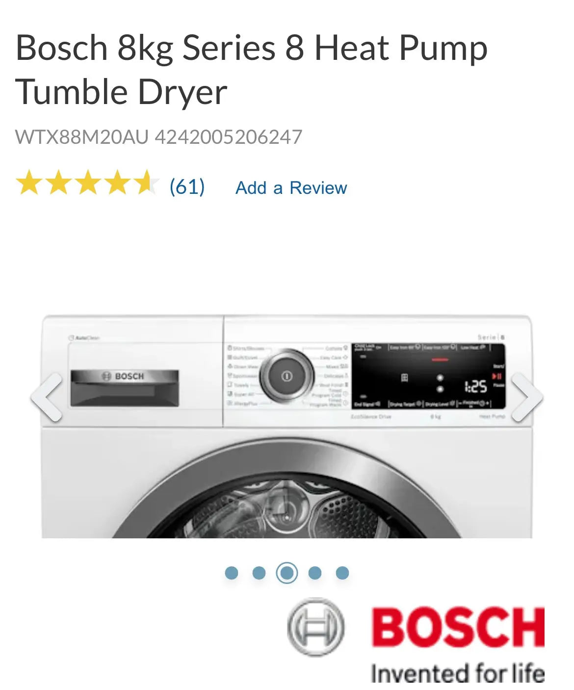 Bosch 8kg heat pump drayer | ADELAIDE