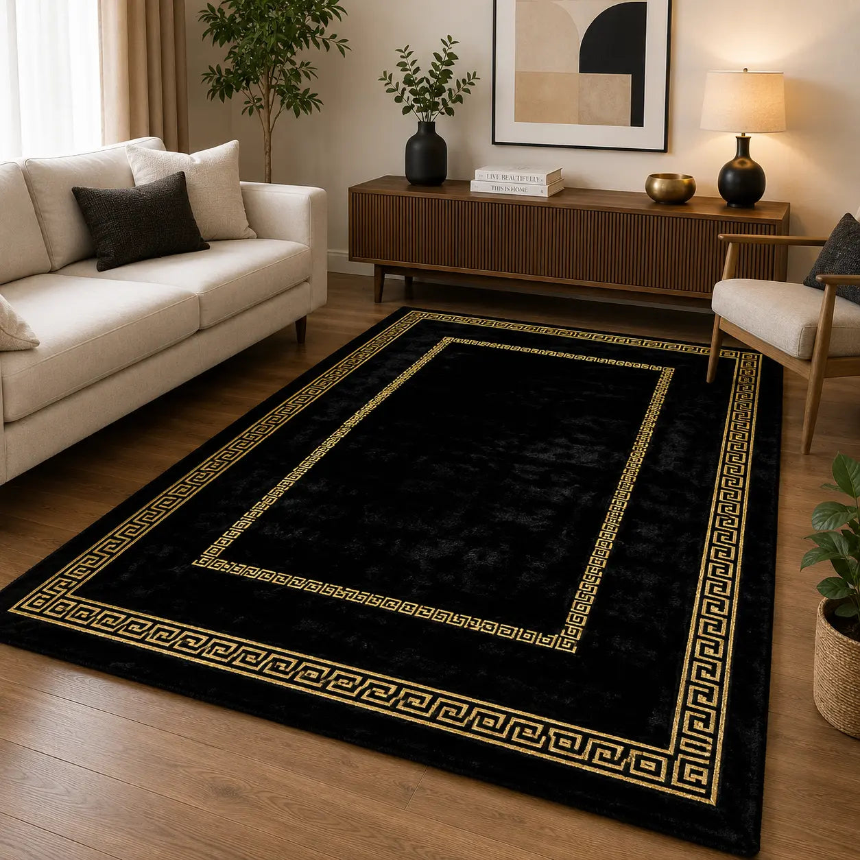 Brand New Black Fur Carpet with Gold Border | ADELAIDE