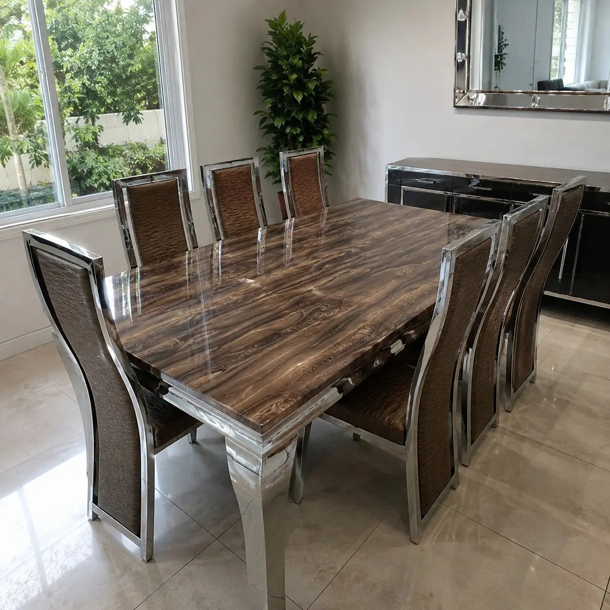 Brand New Brown Marble Dining Table Set – 8 Seater | ADELAIDE