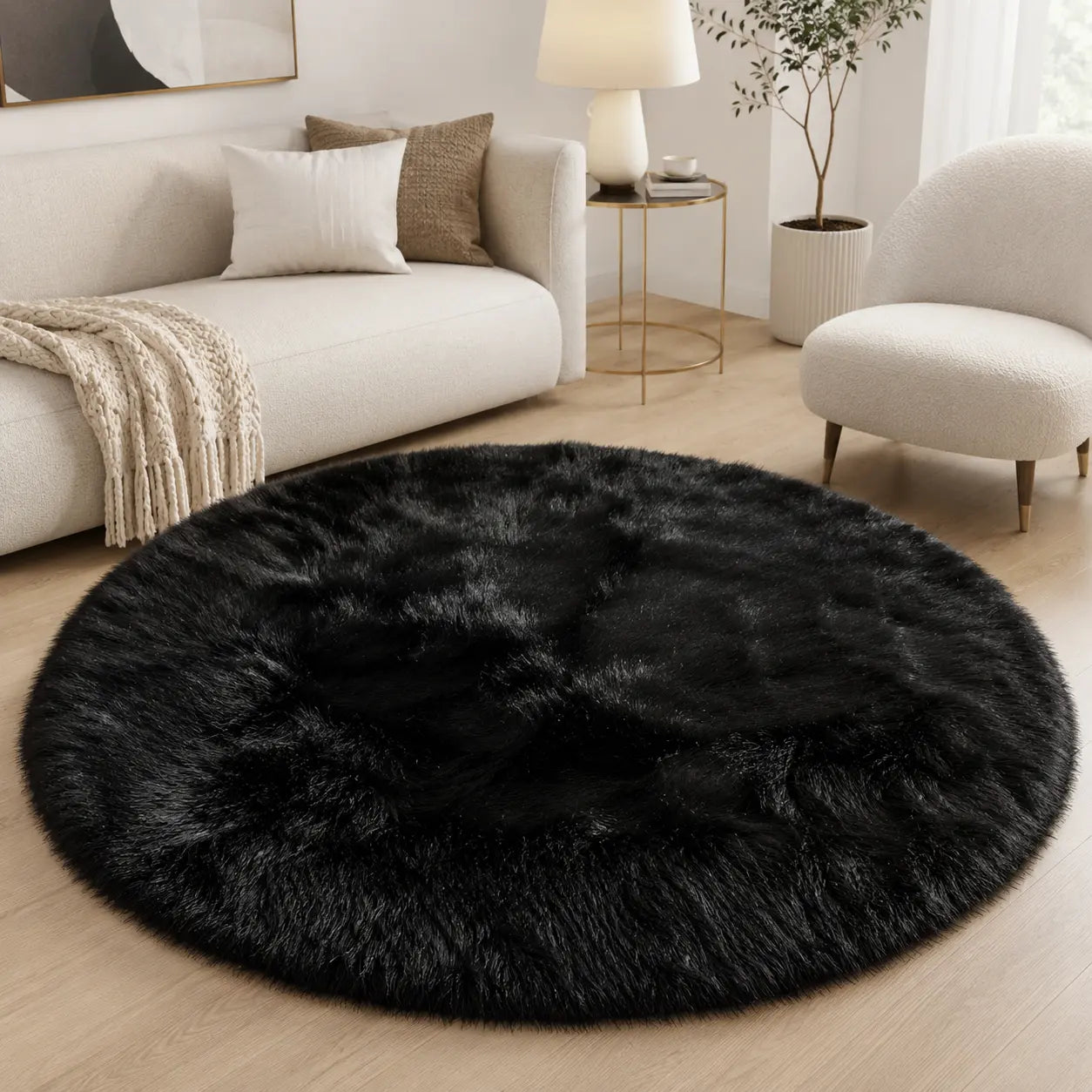 Brand New Round Black Fur Carpet | ADELAIDE