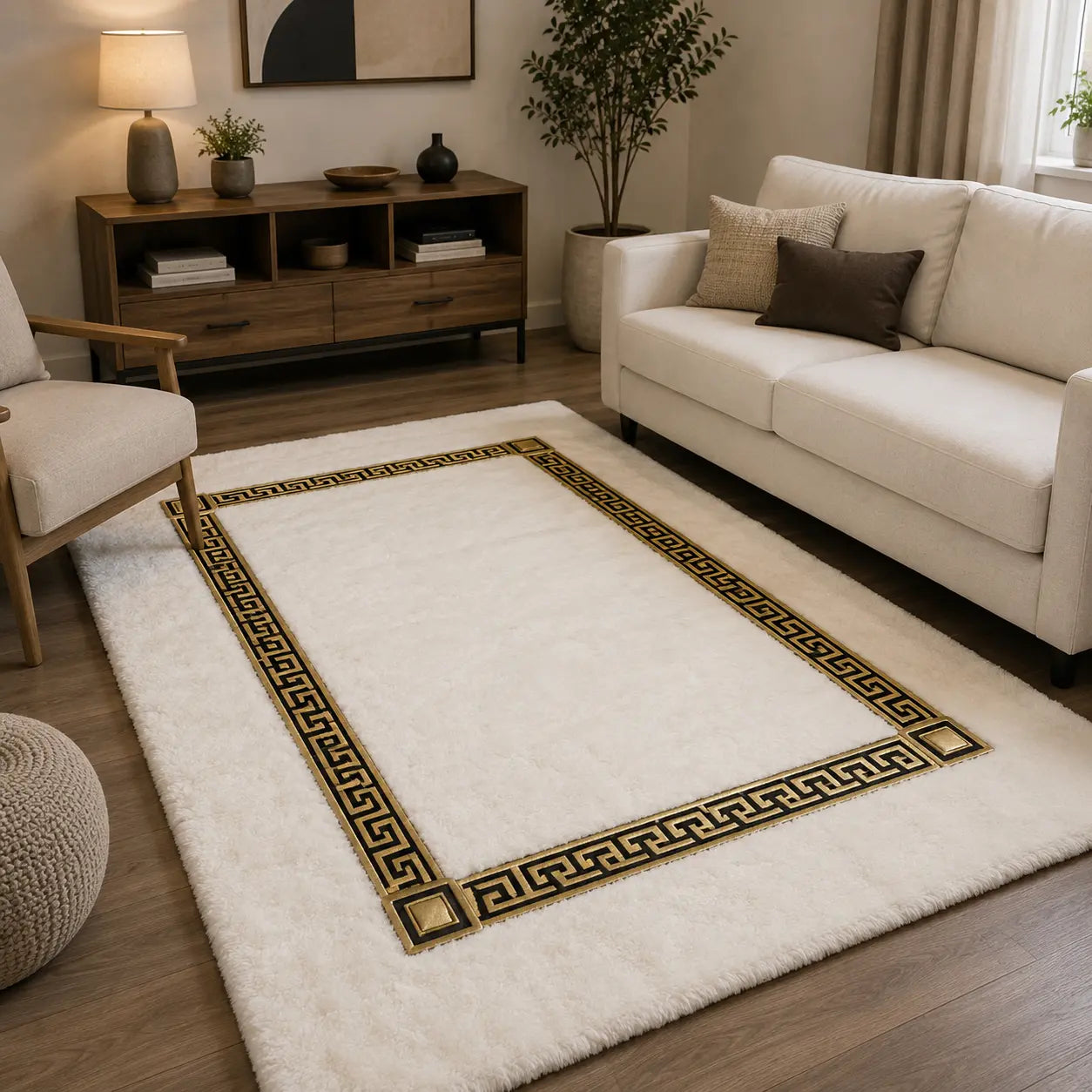 Brand New White Fur Carpet with Gold Border | ADELAIDE