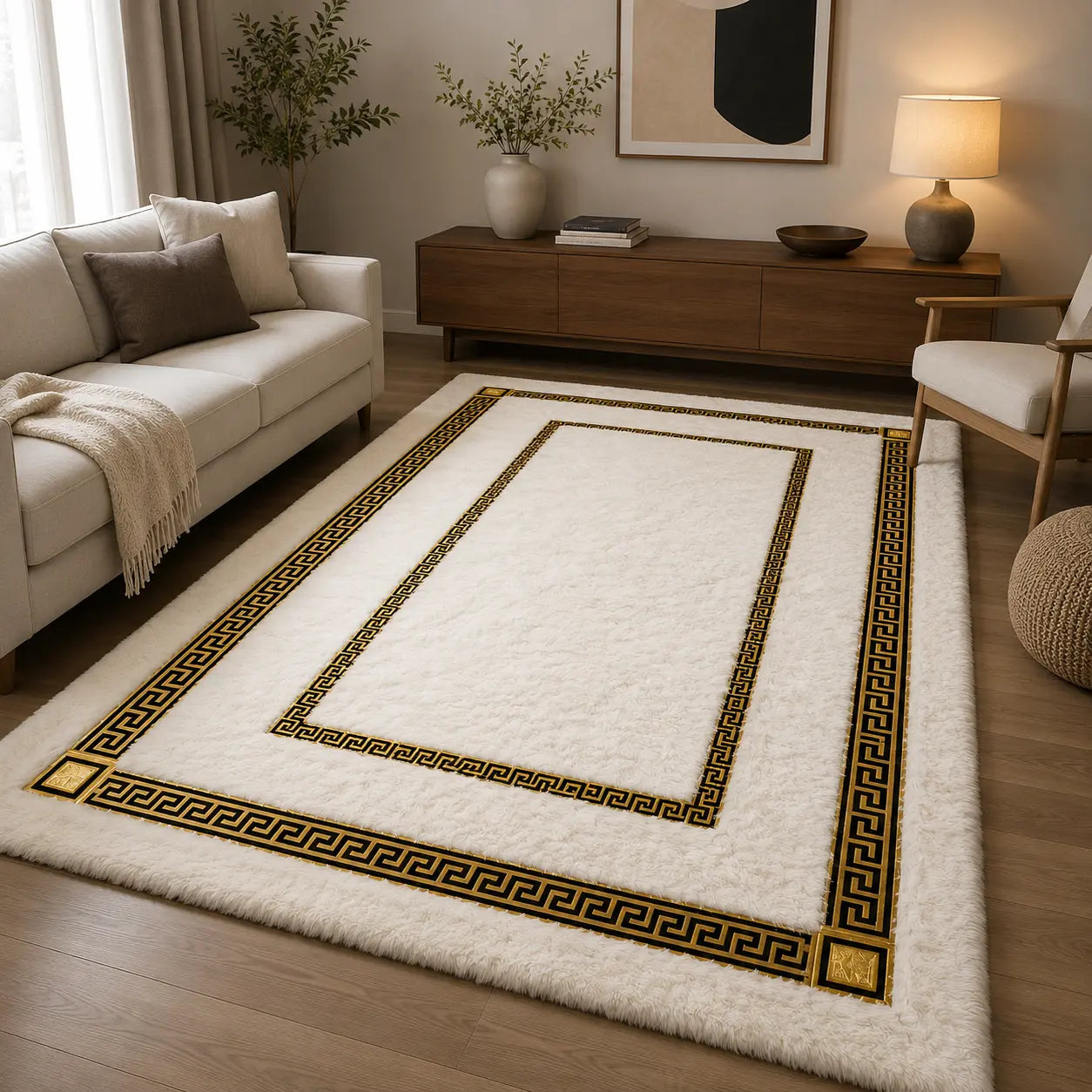 Brand New White Fur Carpet with Gold Border | ADELAIDE