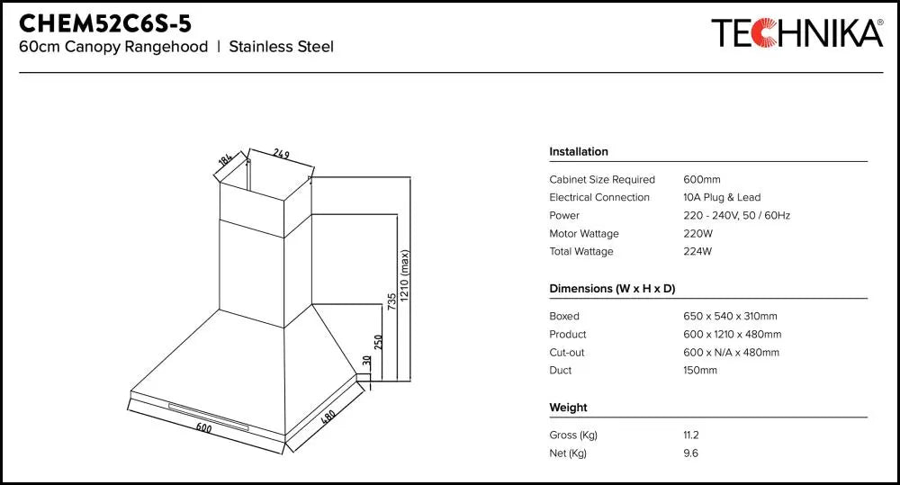 Brand new Technika CHEM52C6S-5 60cm High Extraction Rangehood | ADELAIDE