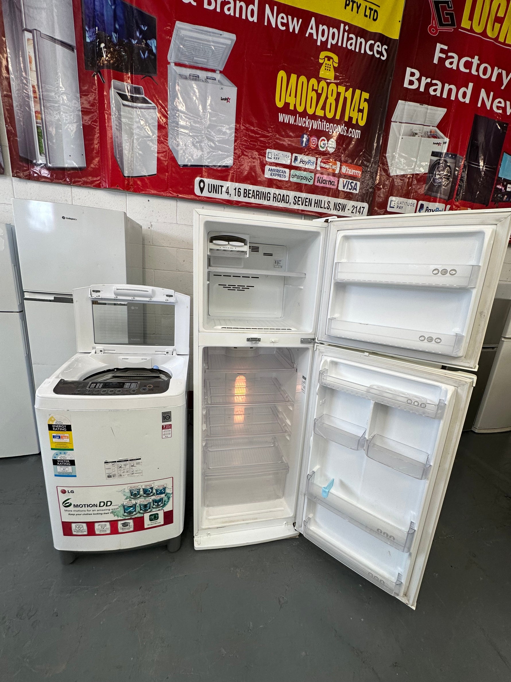Refurbished combo Lg 370 ltr fridge freezer and Lg 6.5 kg top loader washer | SYDNEY