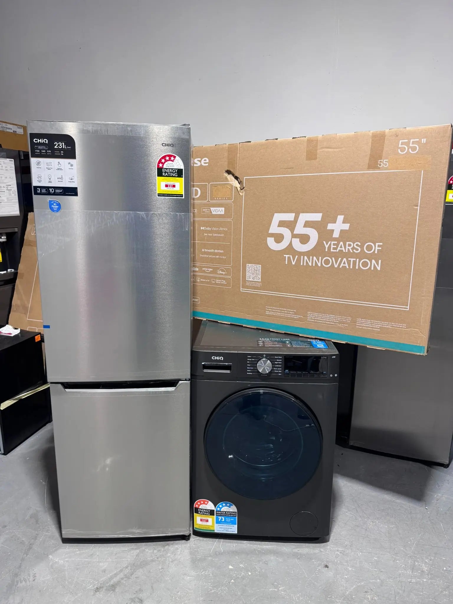 CHiQ 231L Fridge + CHiQ 8.5kg Washer + Hisense 55" TV  Package