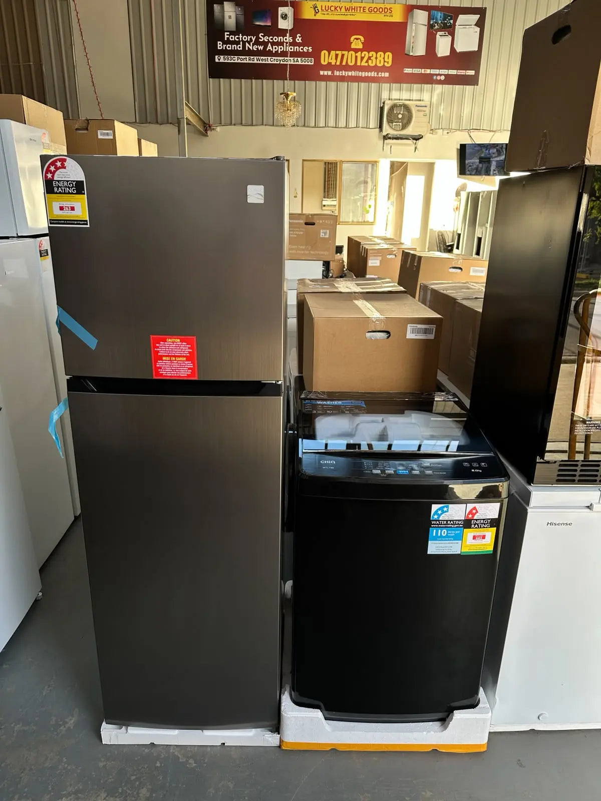 CHiQ 8kg Top Load Washing Machine + Kenmore 247L Top Mount Fridge Freezer – Brand New Warranty Package