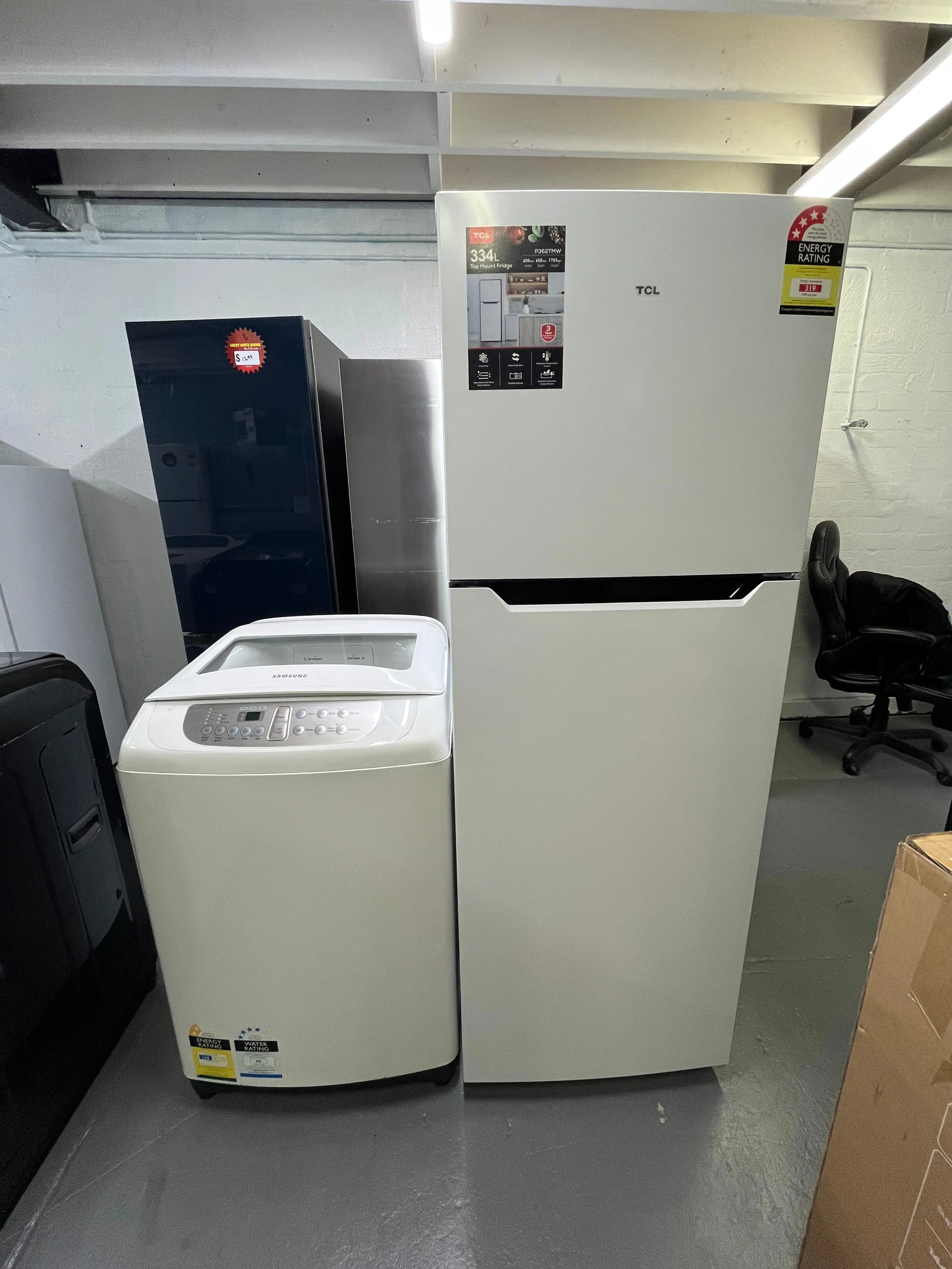 Combo: Refurbished TCL Top Mount Fridge P362TMW + Samsung WA65F5S2URW Top Load Washing Machine | ALEXANDRIA
