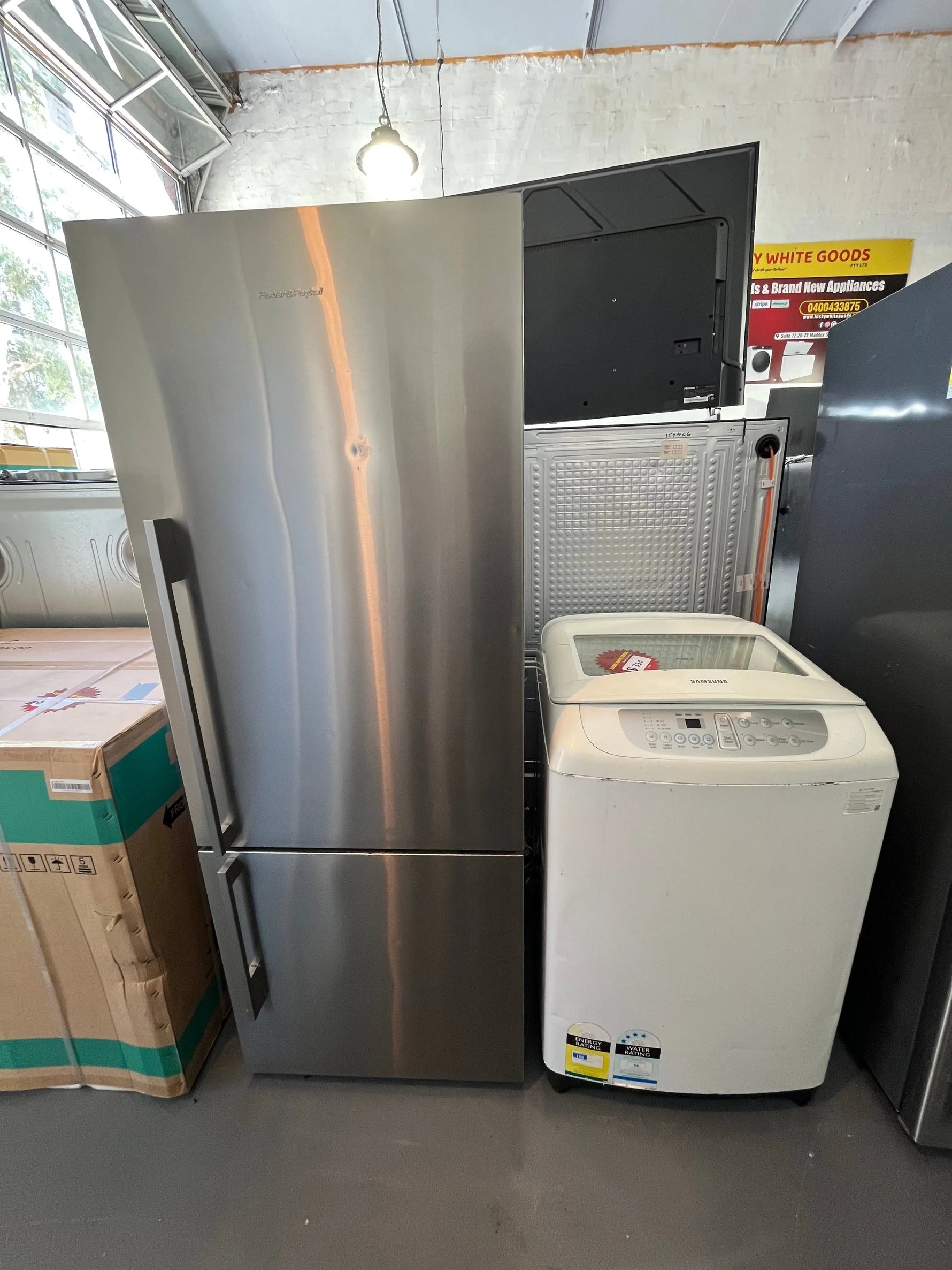 Combo:Refurbished Fisher & Paykel E402B Refrigerator Fridge + Refurbished Samsung WA65F5S2URW Top Load Washing Machine | ALEXANDRIA