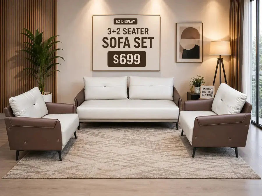 Ex-Display Cream & Brown 3+2 Seater Sofa Set | MELBOURNE