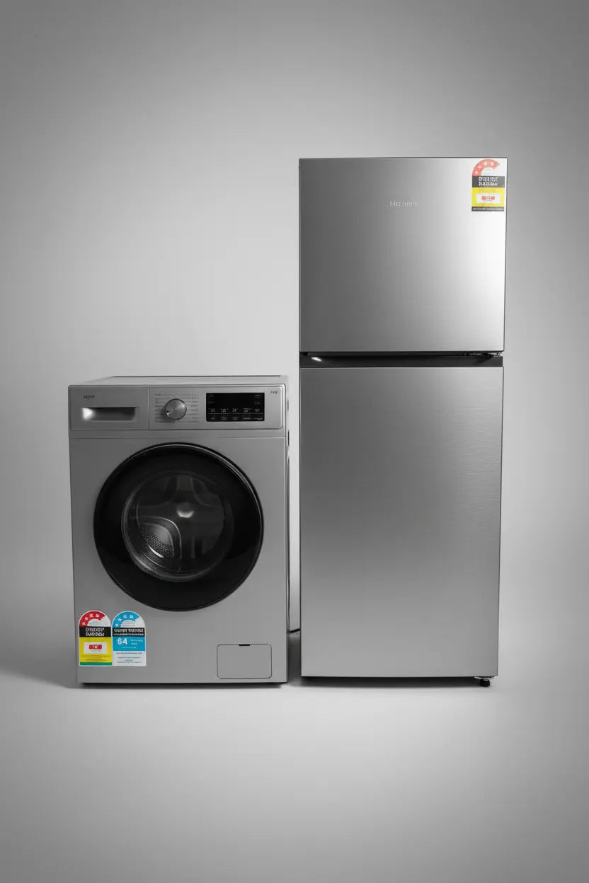Stainless steel refrigerator and washing machine in a warehouse setting