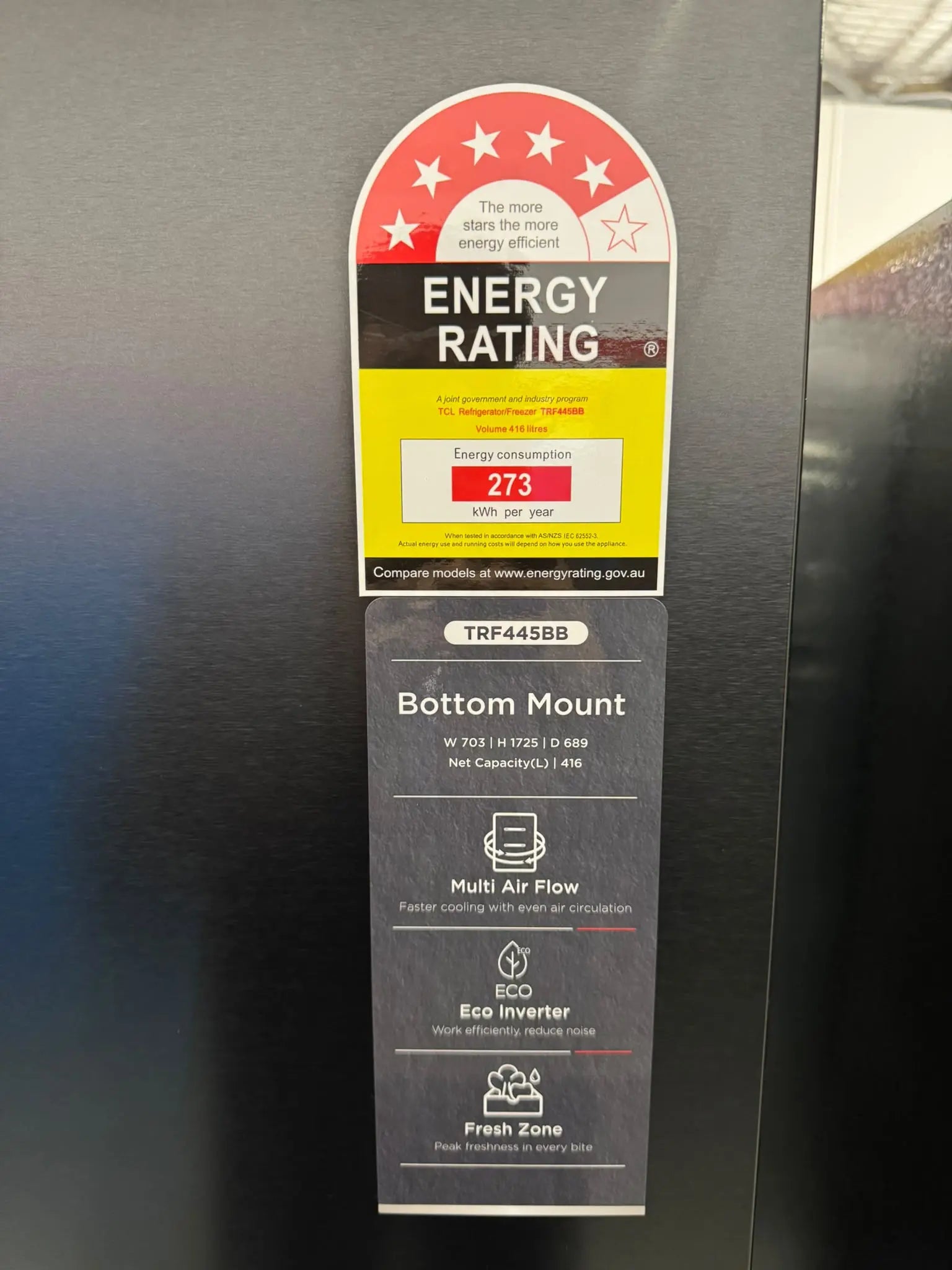 Factory Second TCL 416L Bottom Mount Fridge Freezer TRF445BB | PERTH