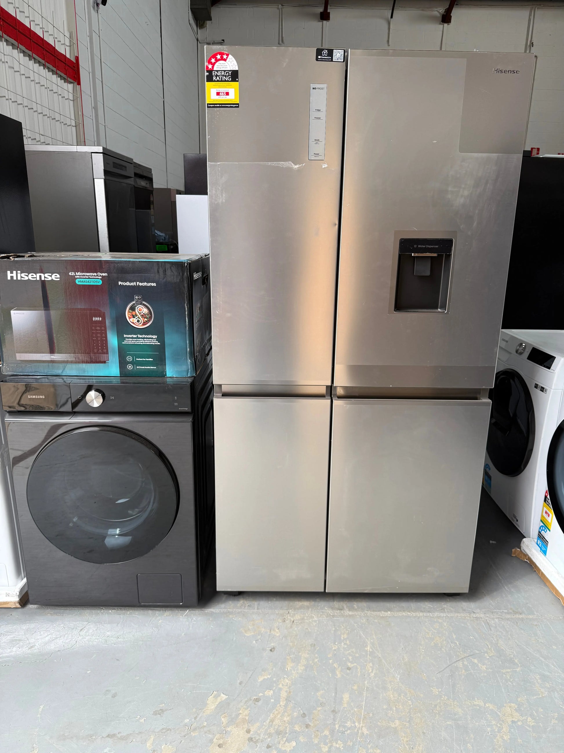 Factory Seconds Hisense 649 Litres Fridge Freezer and Samsung 12 Kgs Washing Machine and Hisense 42 Litres Microwave | ADELAIDE