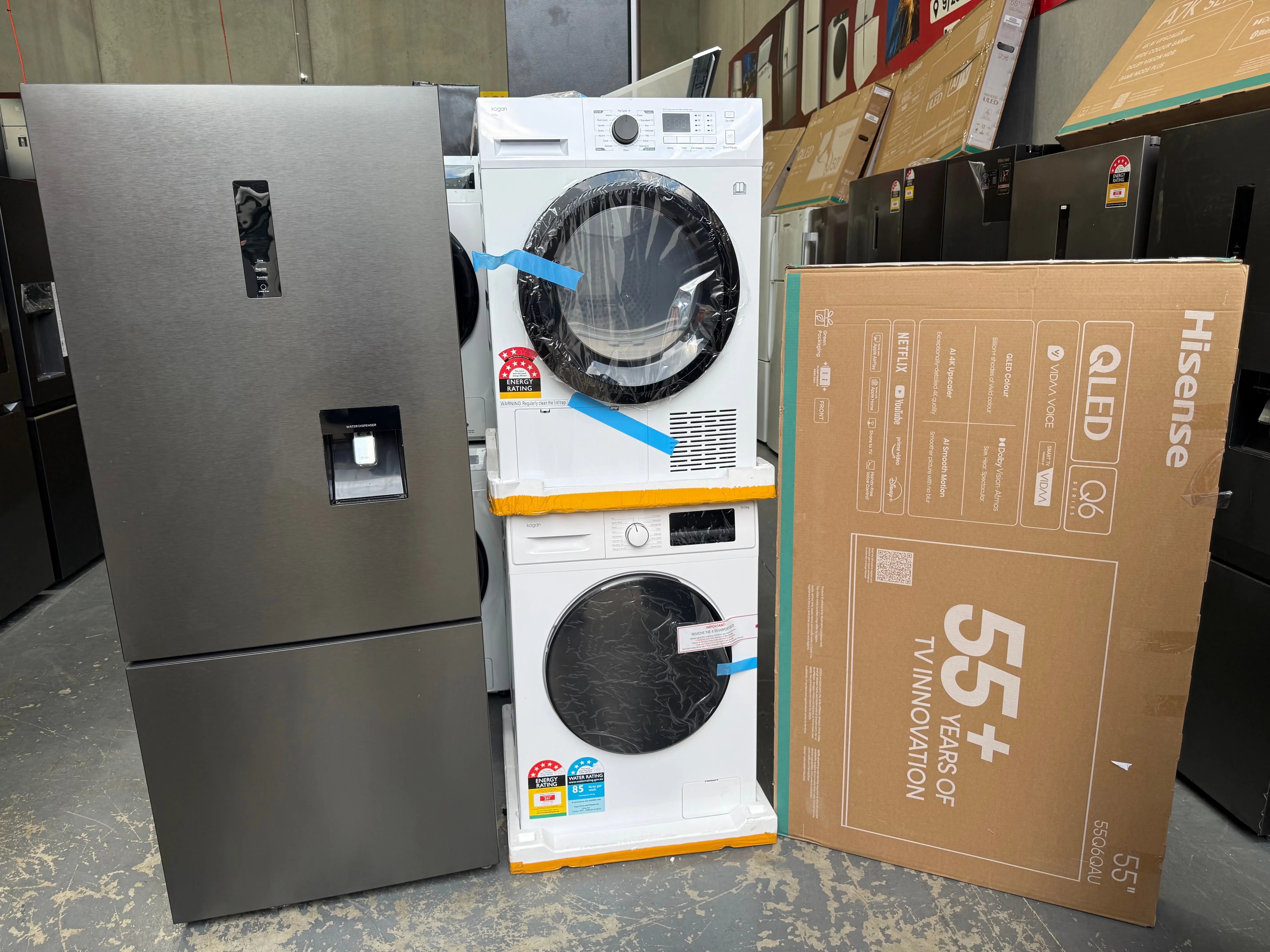 Factory Seconds Kogan 412 L Bottom Mount Fridge + Factory Seconds Kogan 9 kg Heat Pump Dryer + Factory Seconds Kogan 10 kg Front Load Washer + Refurbished Hisense 55″ 4K QLED Smart TV | MELBOURNE