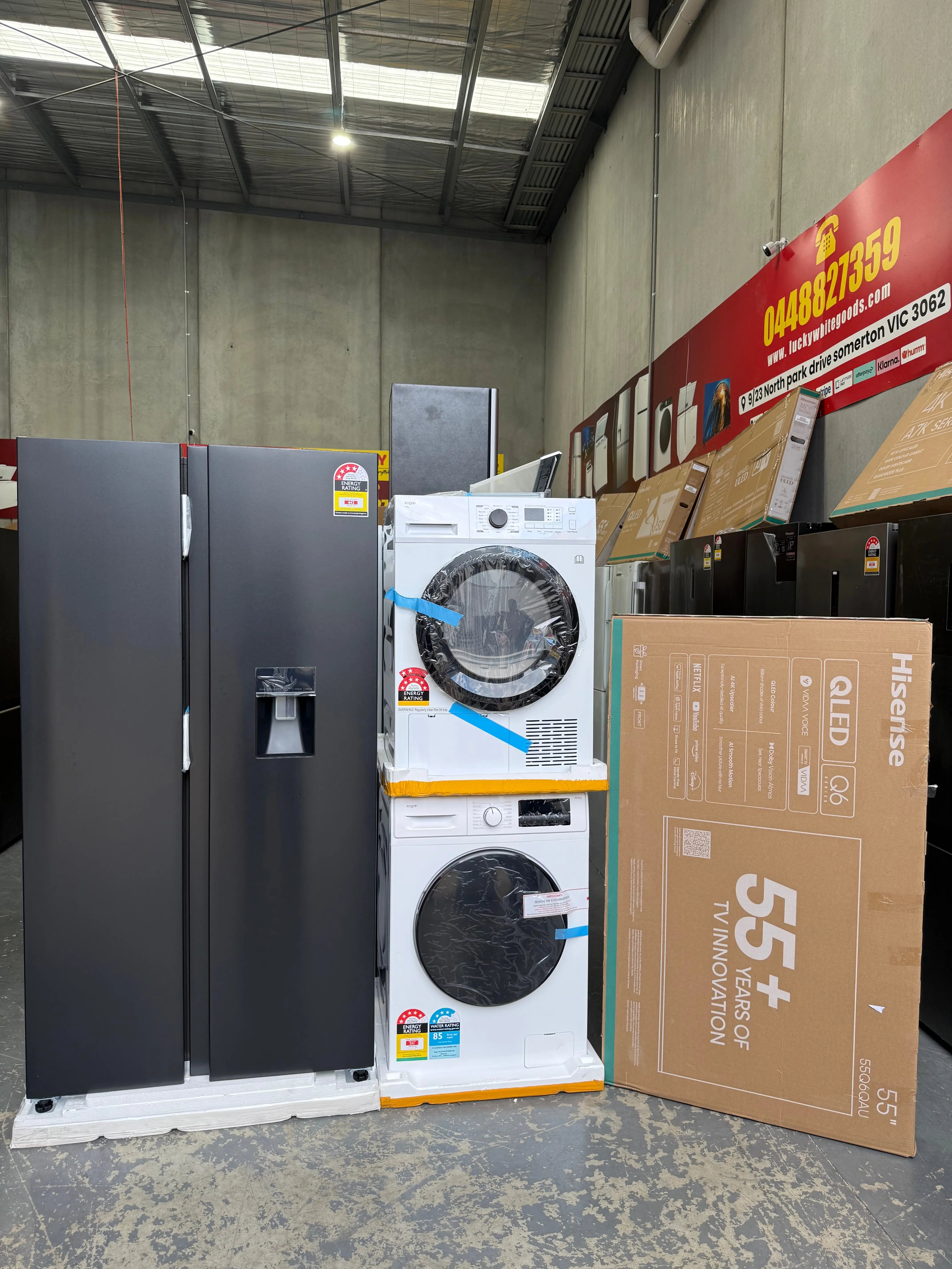 Factory Seconds Kogan 592 L Side‑by‑Side Fridge + Factory Seconds Kogan 9 kg Heat Pump Dryer + Factory Seconds Kogan 10 kg Front Load Washer + Refurbished Hisense 55″ 4K QLED Smart TV | Lucky white goods