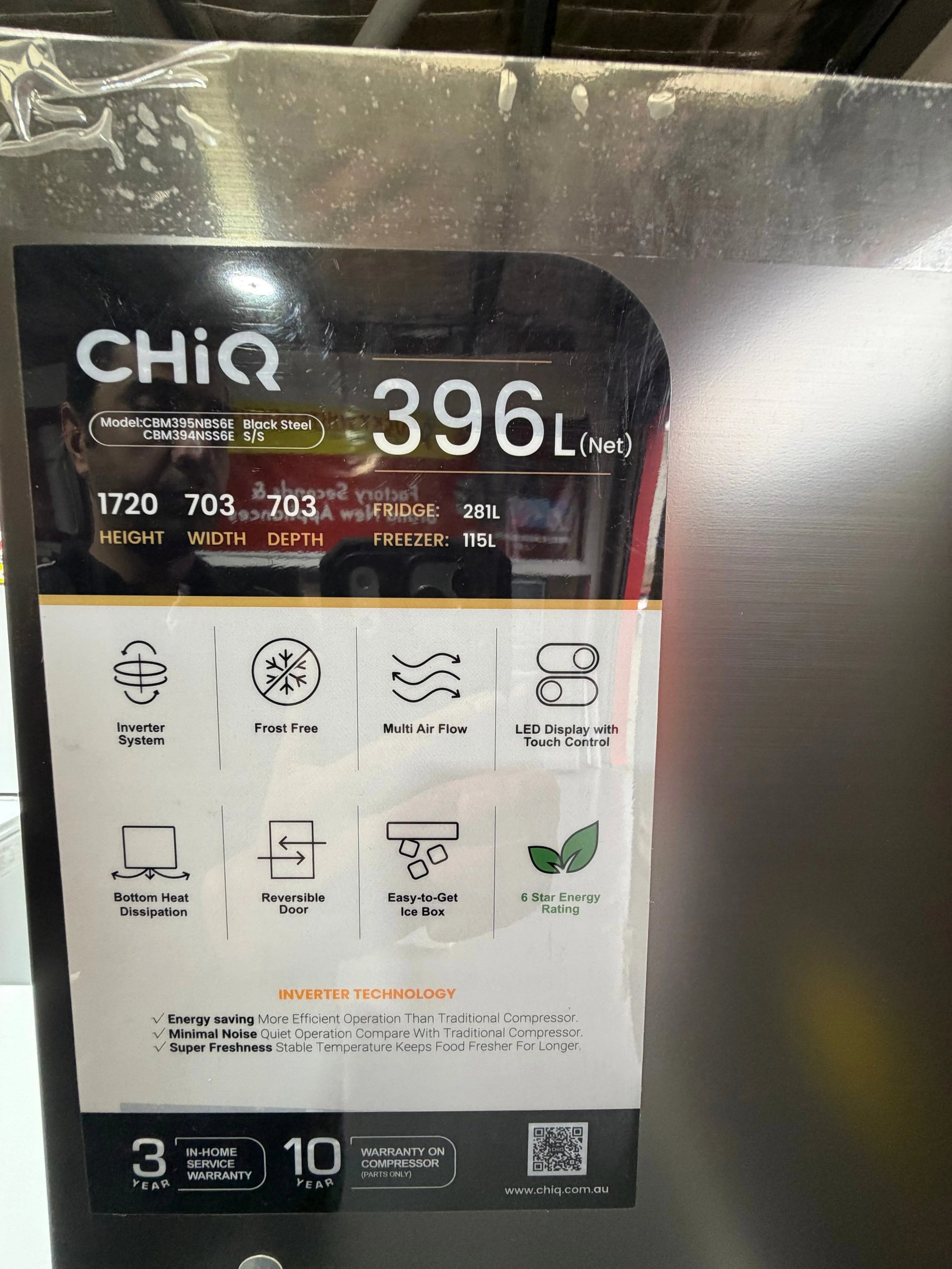 Factory second Chiq 396 ltr Bottom Mount fridge freezer Model no-CBM395NBS6E