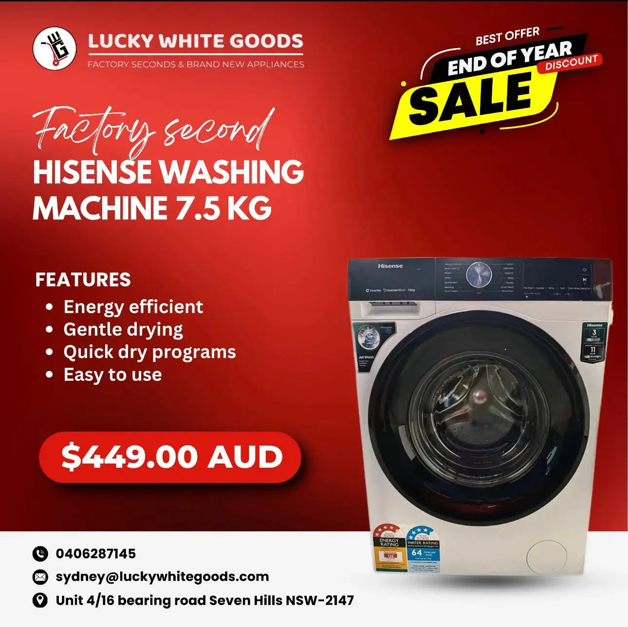 Factory second Hisense washing machine 7.5 KG | SYDNEY