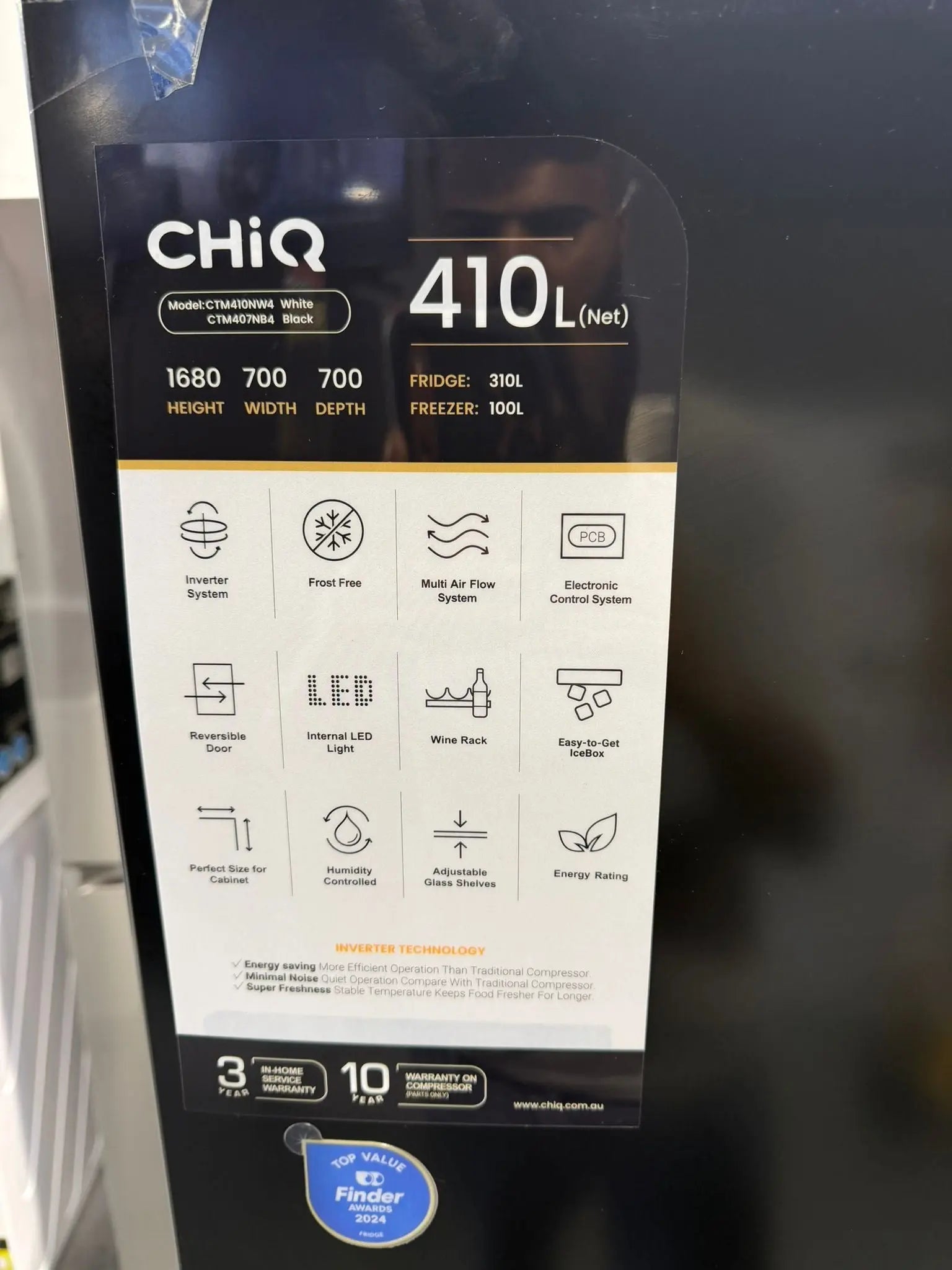 Factory seconds CHiQ 410L Top Mount Fridge CTM410NW4 – Frost Free, Inverter, White and black | ALEXANDRIA