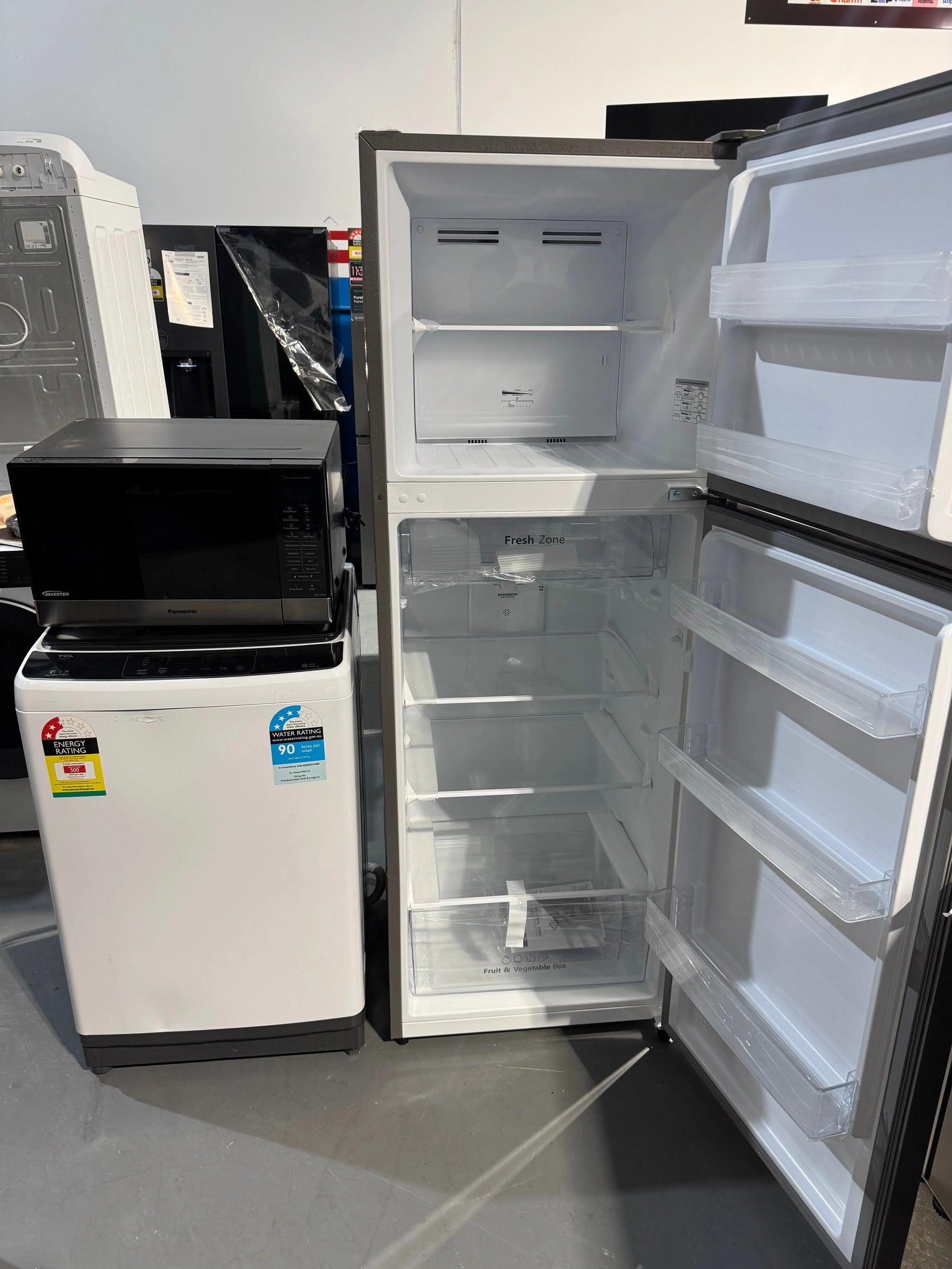 Factory seconds Hisense 326 litres fridge freezer, refurbished TCL 8kg washer and 32 litres Panasonic microwave | PERTH