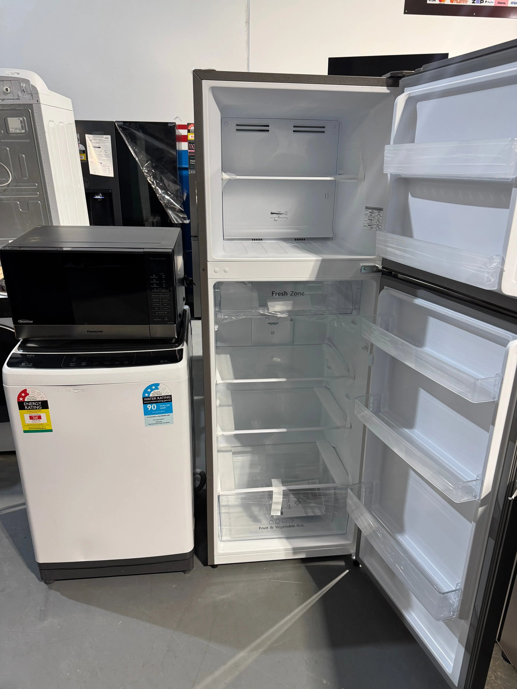 Factory seconds Hisense 326 litres fridge freezer, refurbished TCL 8kg washer and 32 litres Panasonic microwave | PERTH