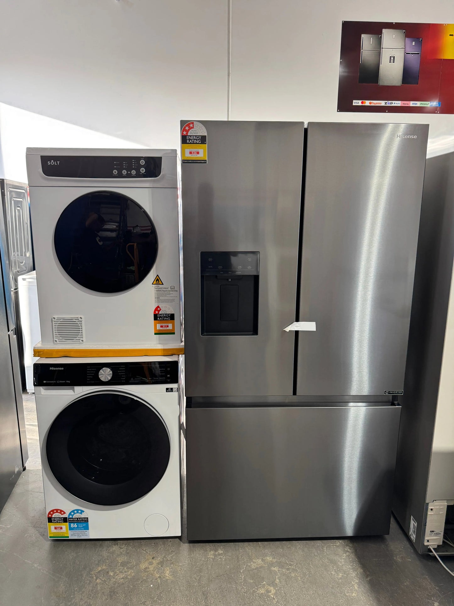 Factory seconds Hisense 634 litres fridge freezer, refurbished Hisense 10kg washing machine and Solt 7kg vented dryer | PERTH