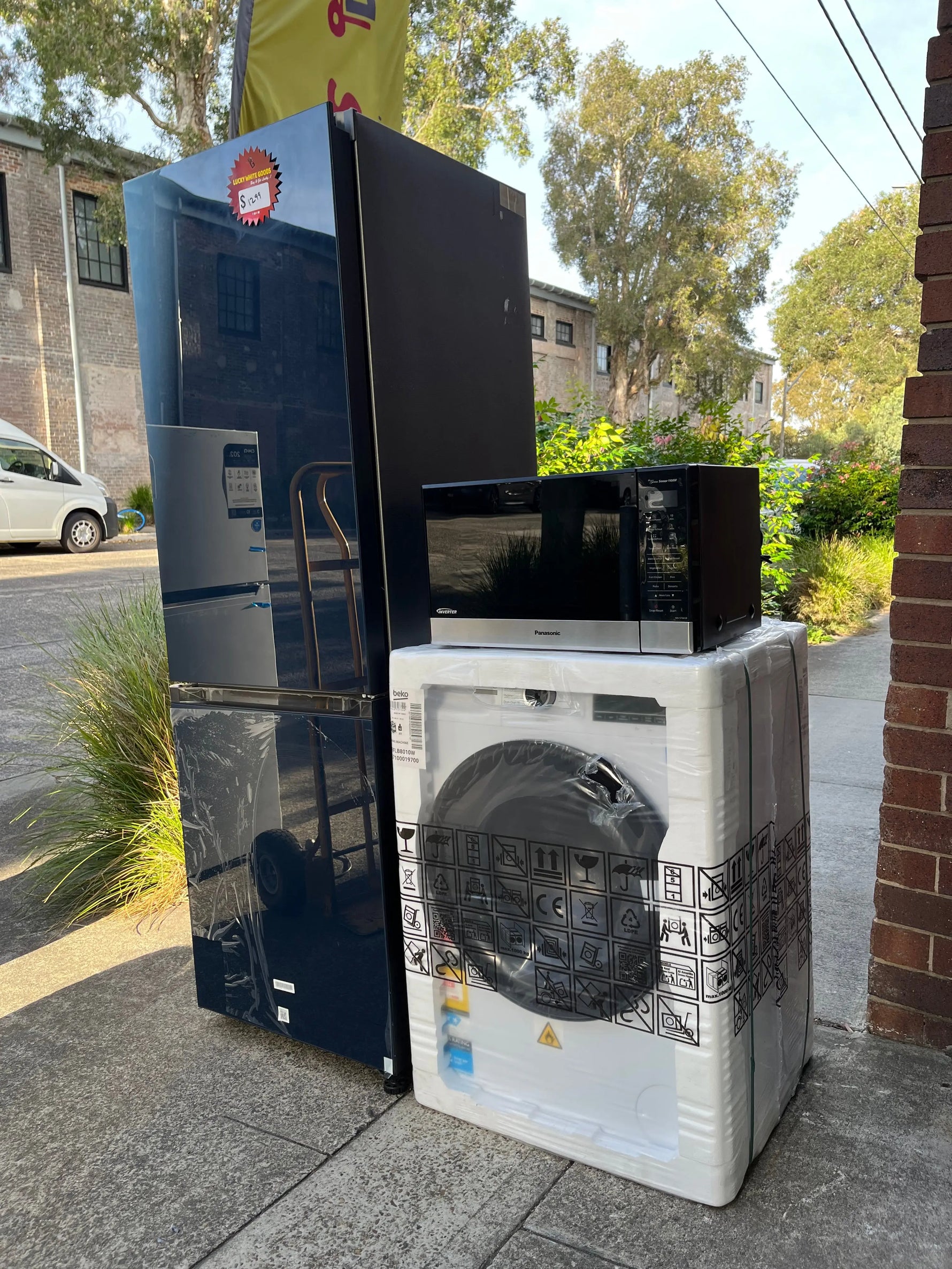 Factory seconds Samsung SRLX4100N 339L Bottom Mount Fridge + Beko BFLB8010W 8kg Washer + Panasonic 27L Microwave Combo | ALEXANDRIA