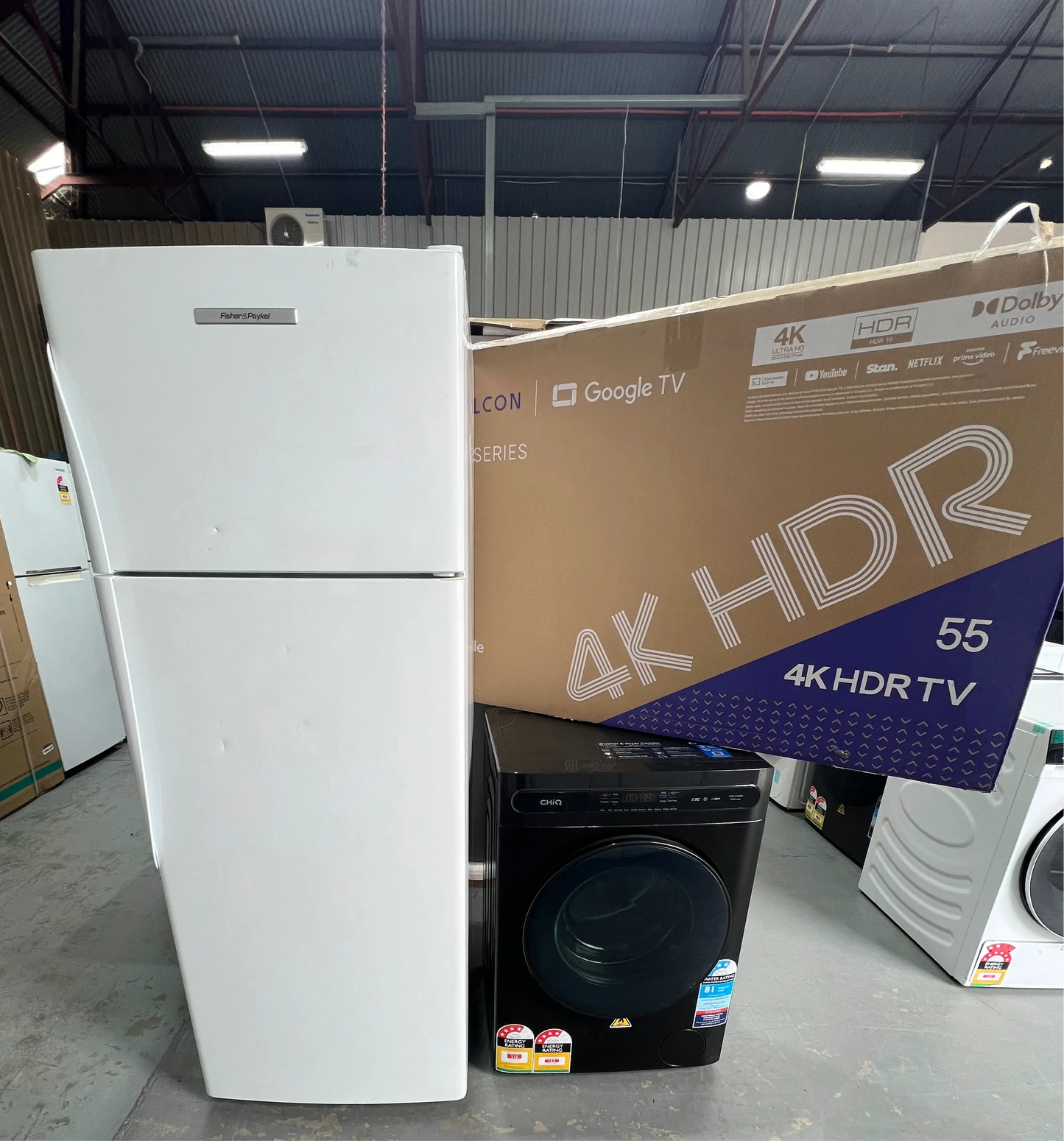 Fisher&Paykel 411 litres Fridge Freezer&Chiq 8 Kgs Washing Machine & 55” Ffalcon Tv | ADELAIDE