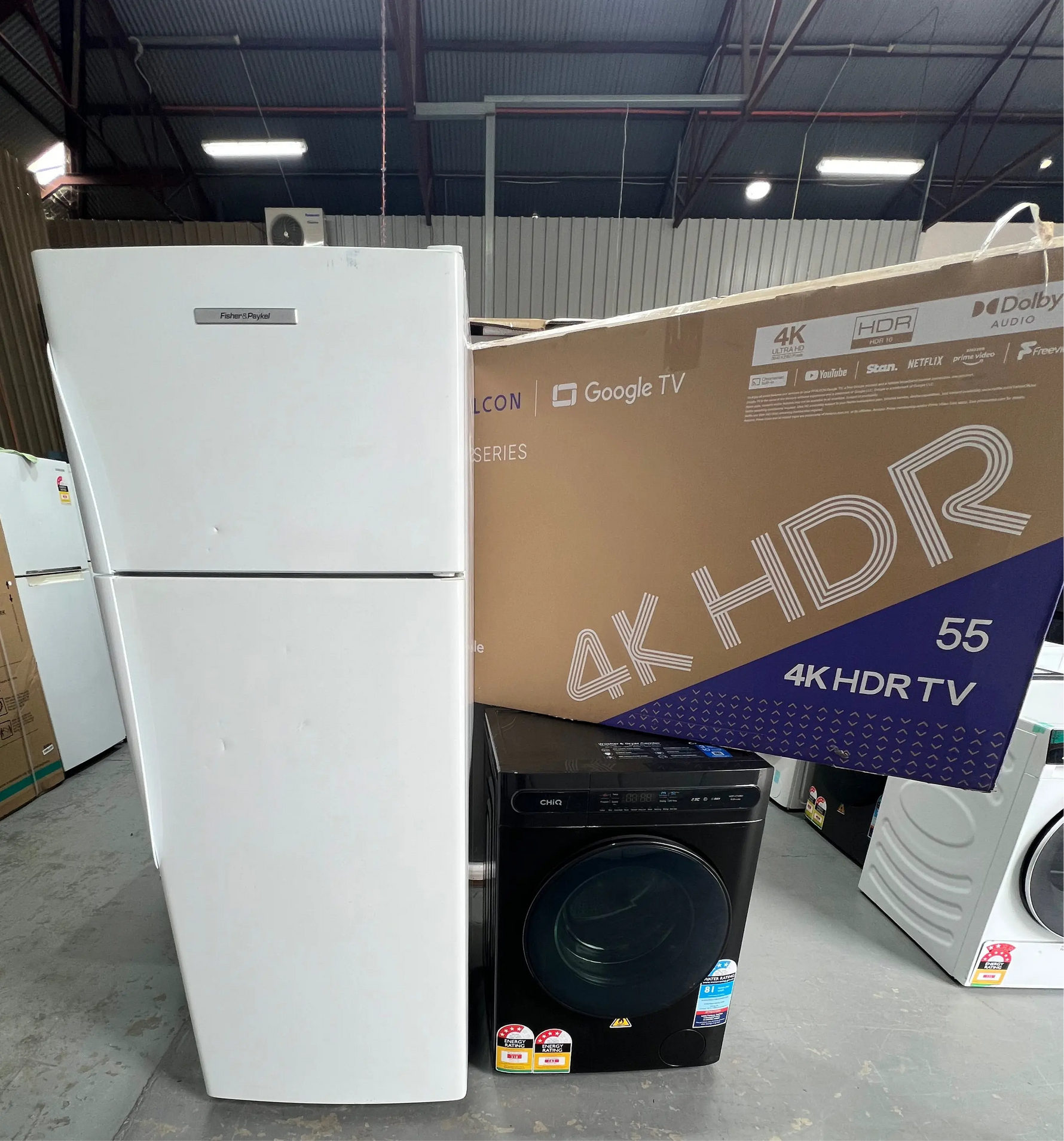 Fisher&Paykel 411 litres Fridge Freezer&Chiq 8 Kgs Washing Machine & 55” Ffalcon Tv | ADELAIDE