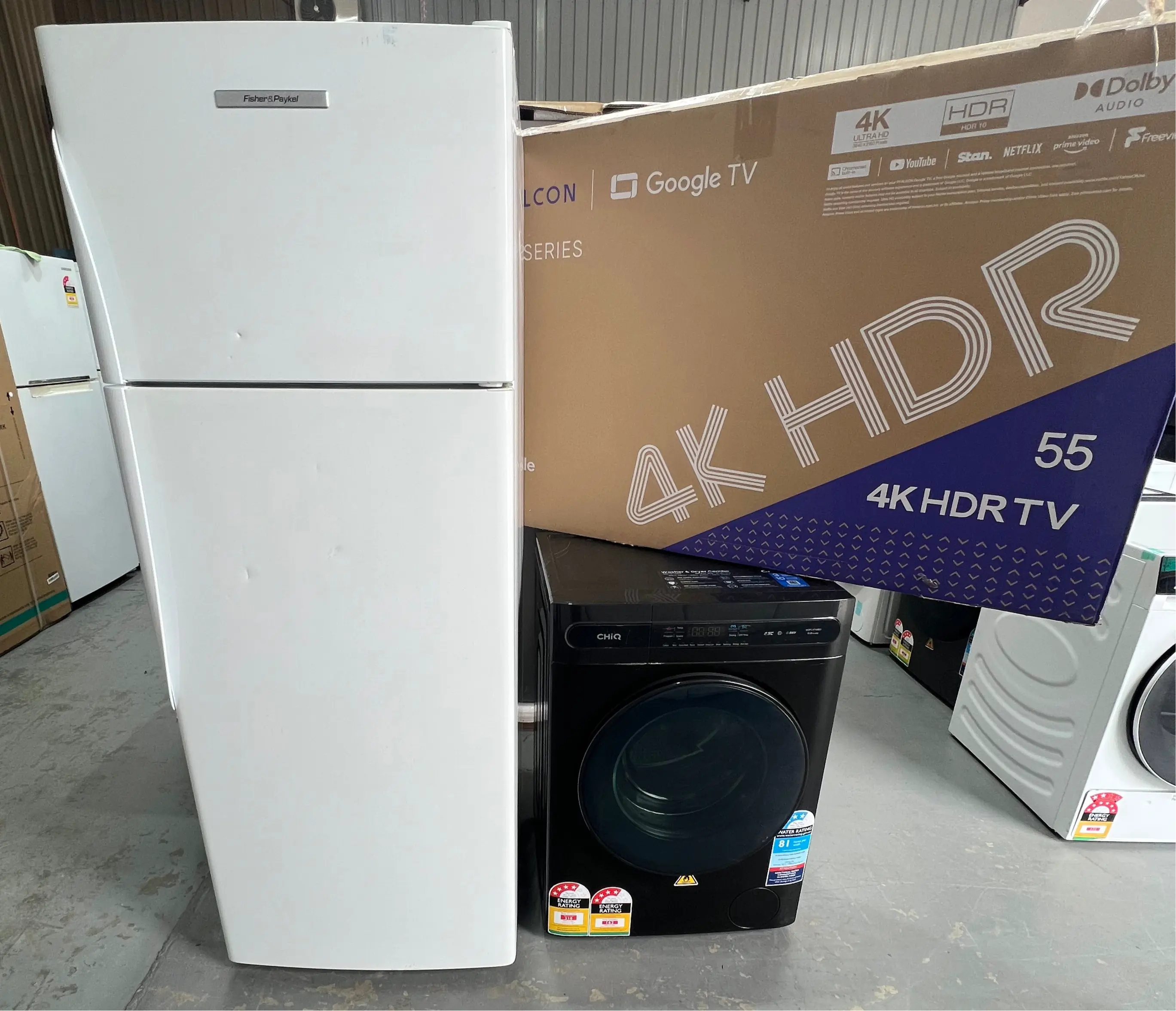 Fisher&Paykel 411 litres Fridge Freezer&Chiq 8 Kgs Washing Machine & 55” Ffalcon Tv | ADELAIDE