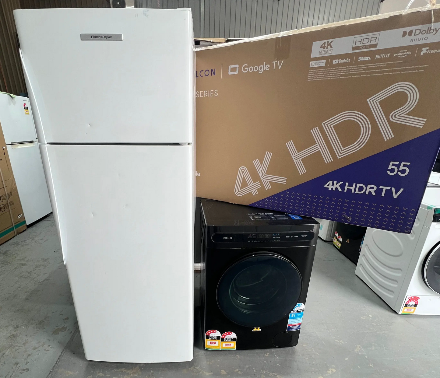 Fisher&Paykel 411 litres Fridge Freezer&Chiq 8 Kgs Washing Machine & 55” Ffalcon Tv | ADELAIDE