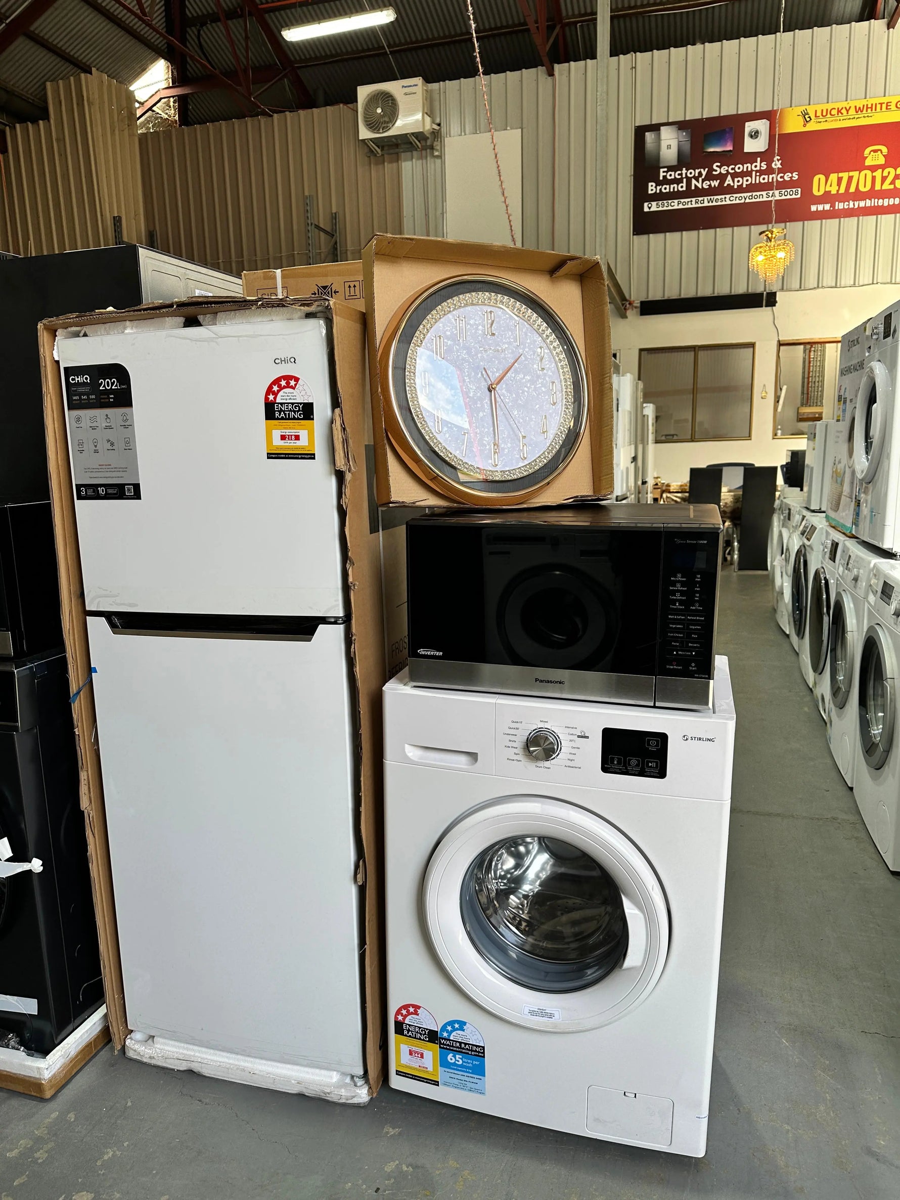 HiQ 202L Fridge, Stirling 6kg Washer, Panasonic Microwave & Wall Clock Combo | ADELAIDE