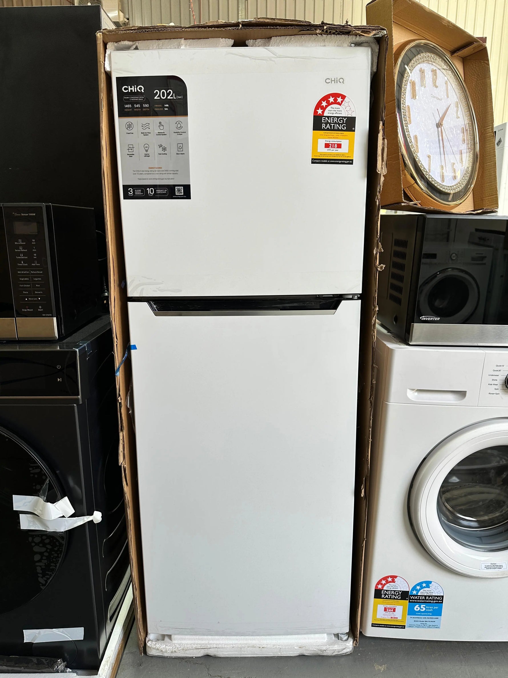 HiQ 202L Fridge, Stirling 6kg Washer, Panasonic Microwave & Wall Clock Combo | ADELAIDE