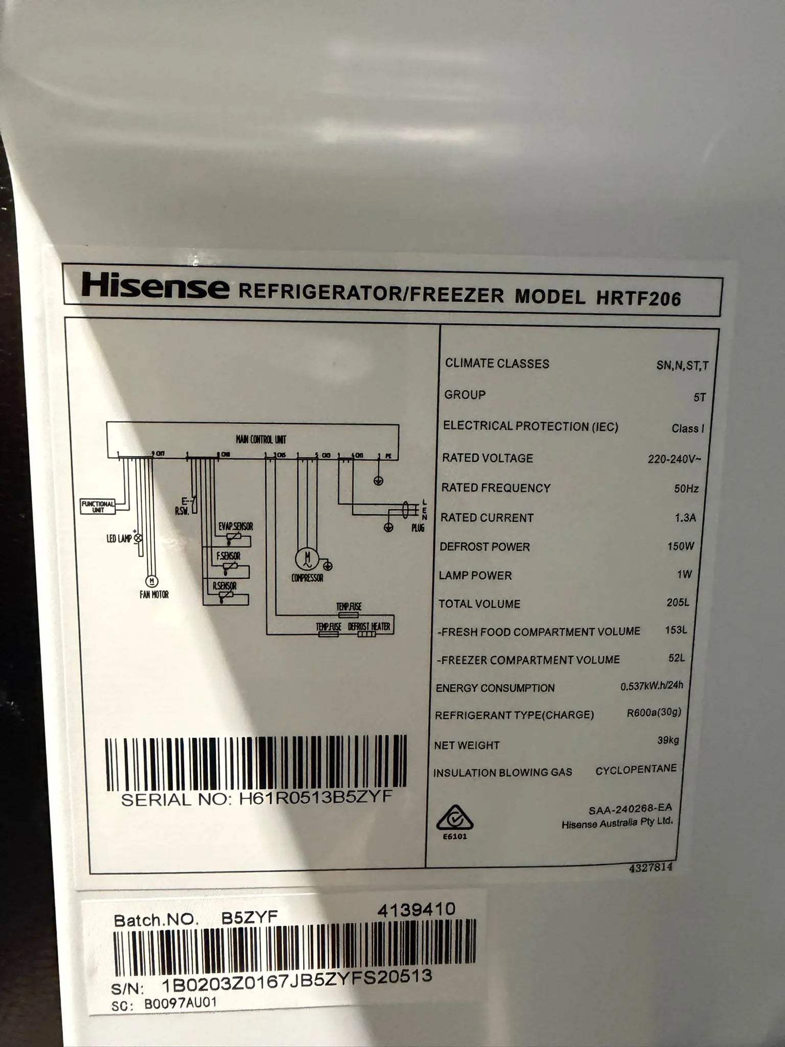 Hisense 205L Top Mount Fridge White – HRTF206 – Refurbished | BRISBANE
