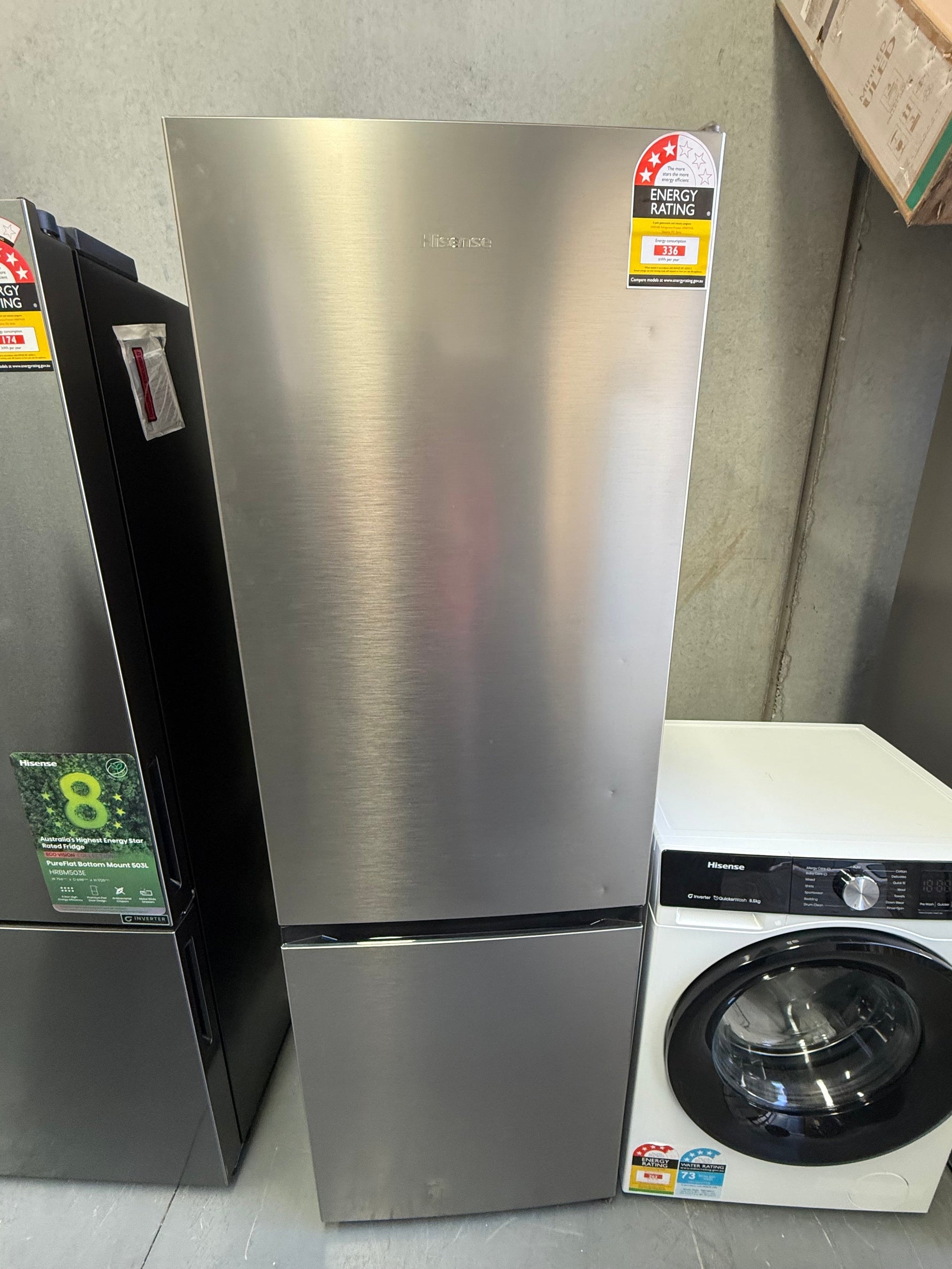 Hisense 292L Bottom Mount Fridge HRBM292S + Hisense 8kg Front Load Washing Machine HEF3S8514 – Factory Seconds | MELBOURNE