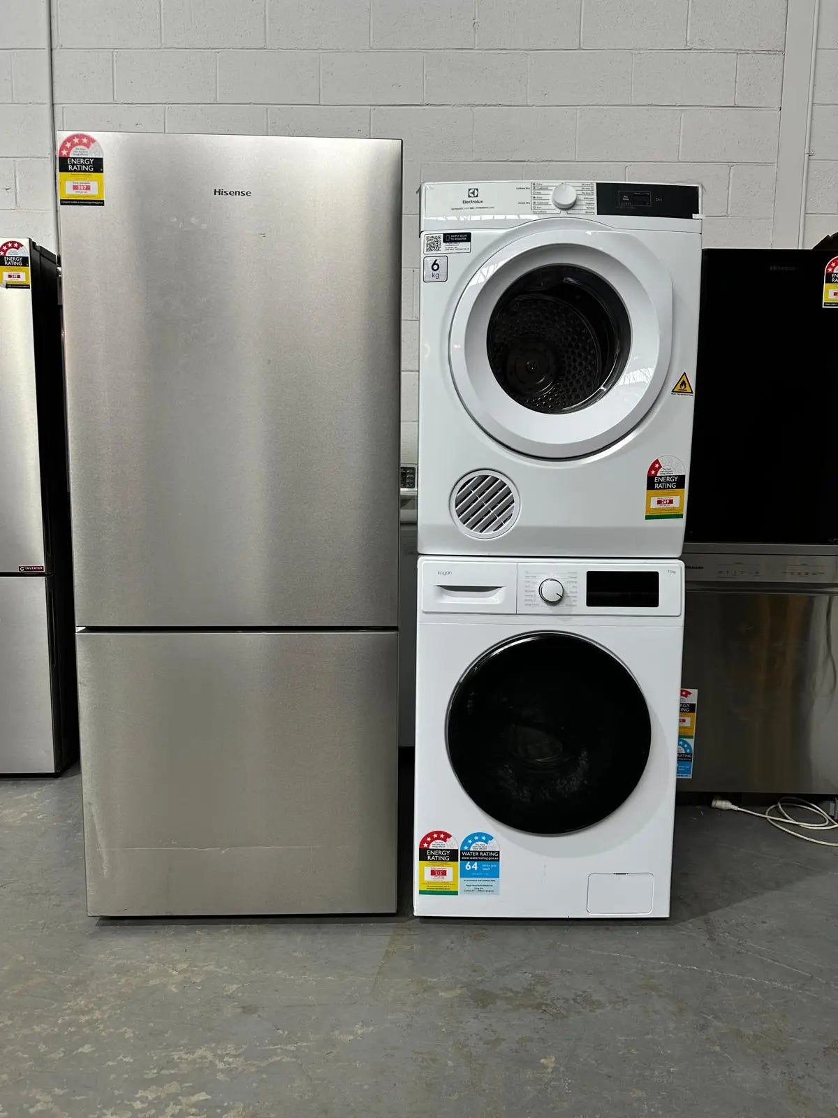 Hisense 417L Bottom Mount Fridge + Kogan 7.5kg Washer + Electrolux 6kg Dryer Combo – Refurbished & Factory Seconds | ADELAIDE