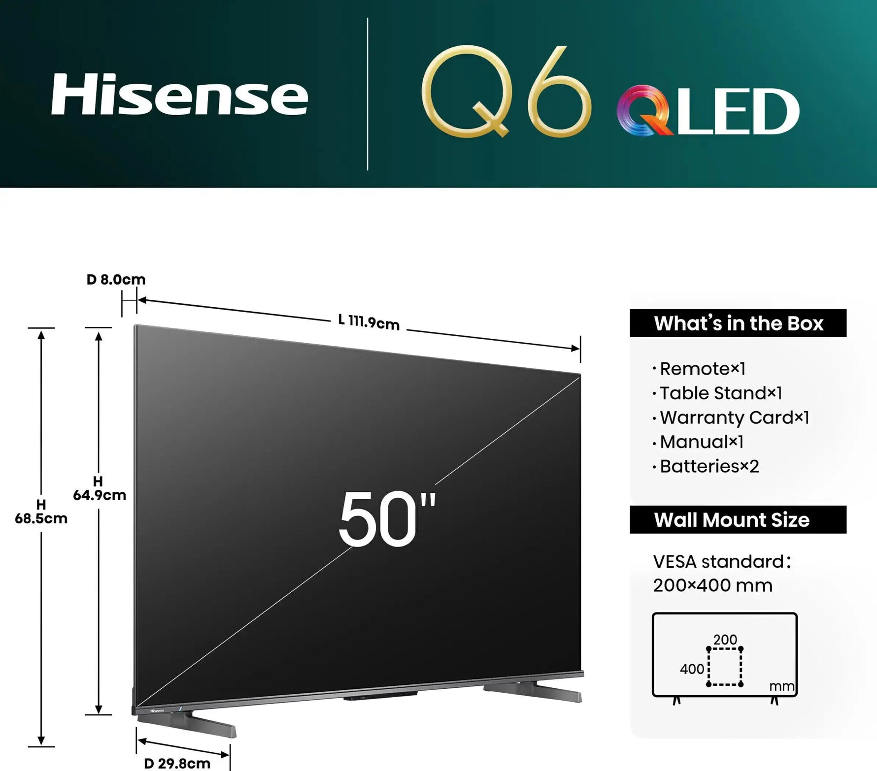 Hisense 50-Inch Q6QAU 4K QLED Smart TV – Refurbished | SYDNEY