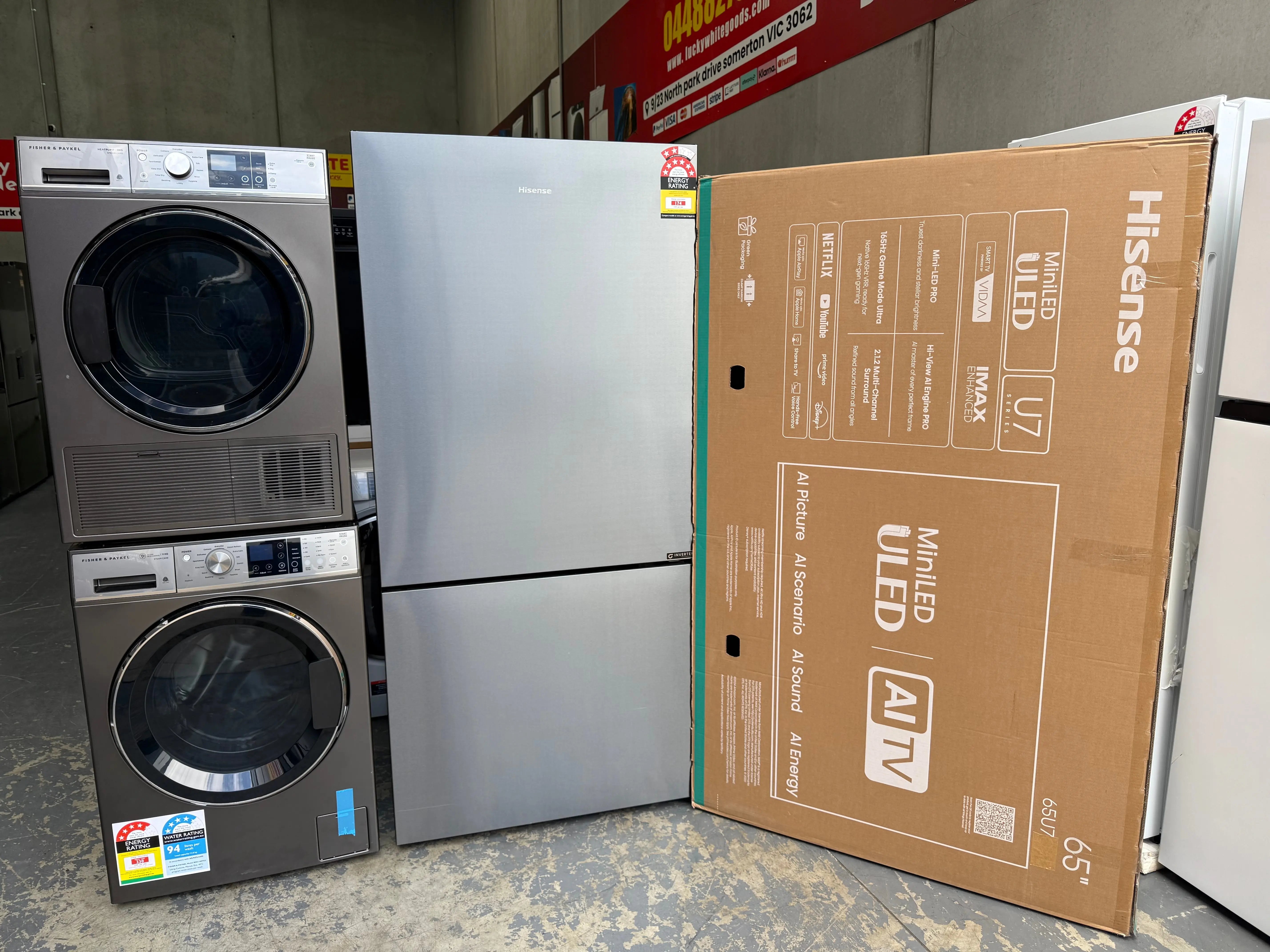 Hisense 503L Bottom Mount Fridge -Fisher & Paykel 11kg Front Load Washer and 9kg dryer -Hisense 65″ 4K Smart TV | MELBOURNE